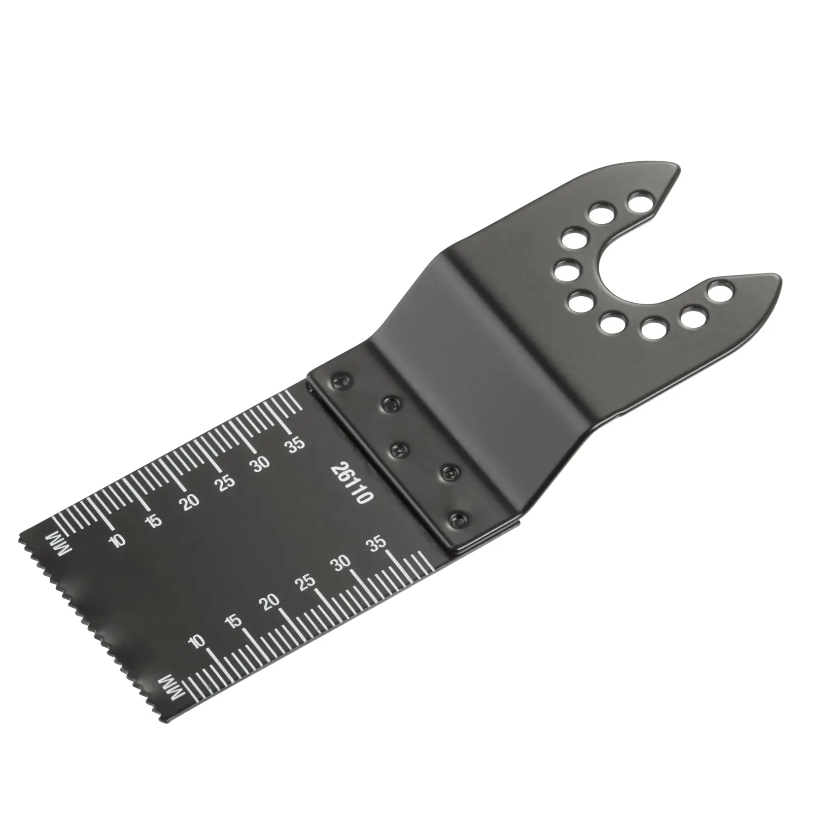 STANLEY STA26110 lama da sega con righello metrico, finitura nera, fotografata frontalmente su sfondo bianco.