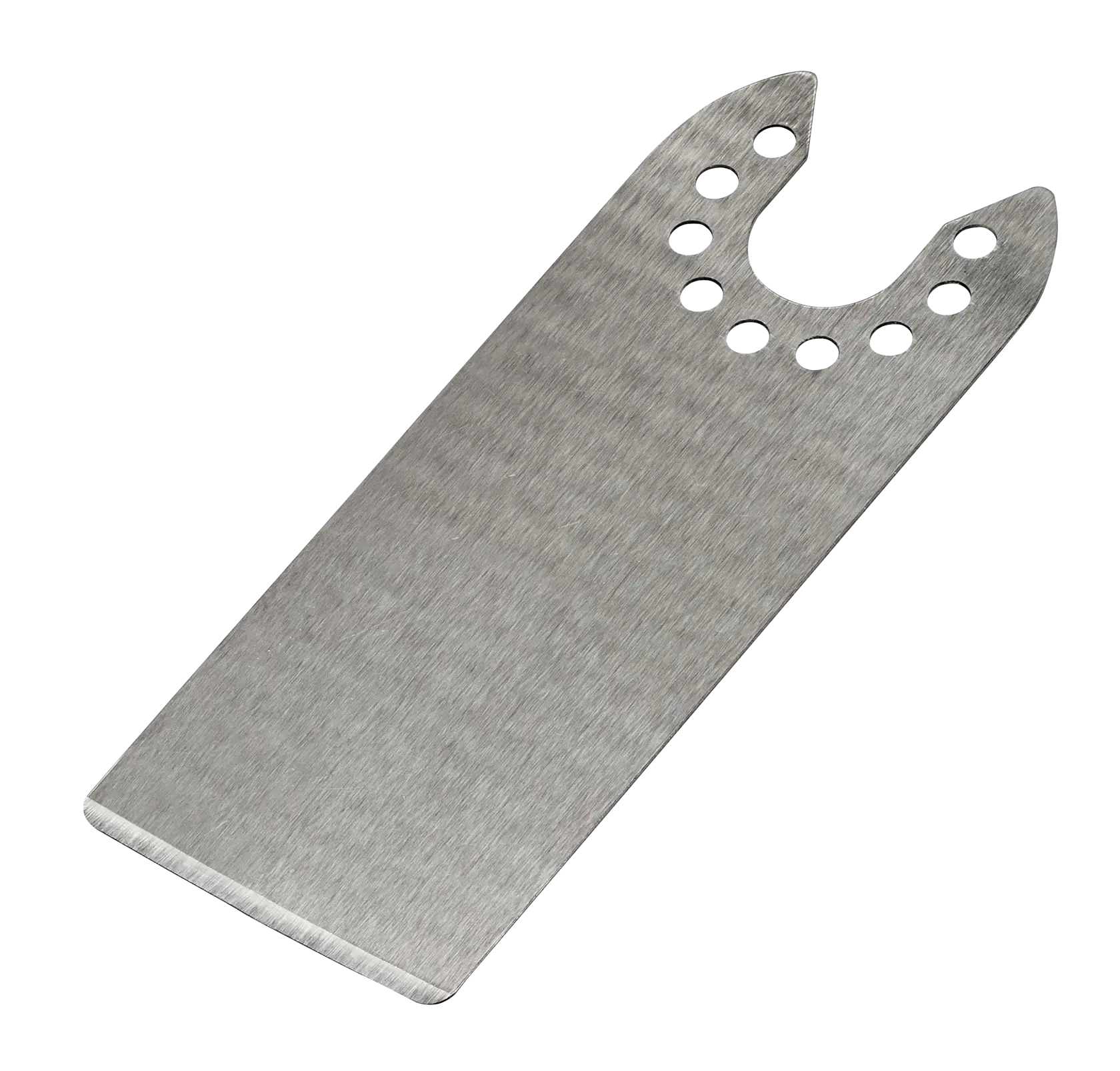 Foto della lama rettangolare in acciaio per utensile oscillante STANLEY STA26140 con intaglio arrotondato e diversi fori, vista angolata.
