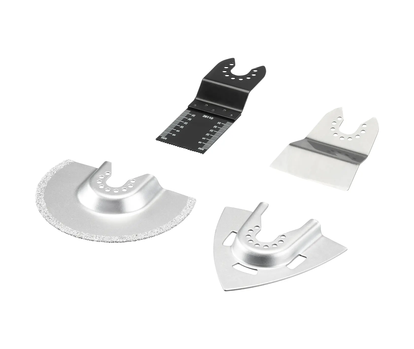 STANLEY STA26160 set accessori per utensile multifunzione oscillante, quattro lame argento e nere, vista angolata.