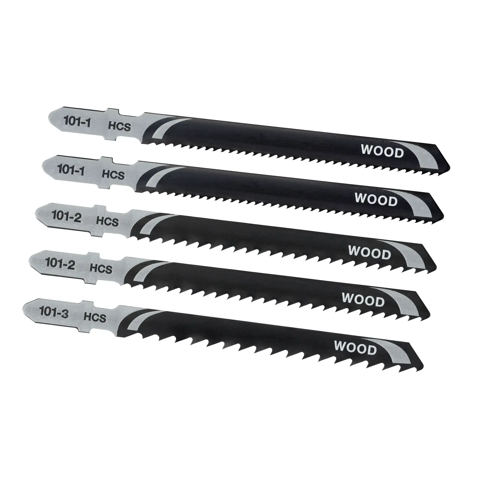 STANLEY STA27025 set lame da traforo per legno, nero e argento, vista dall'alto, prodotto fotografico.