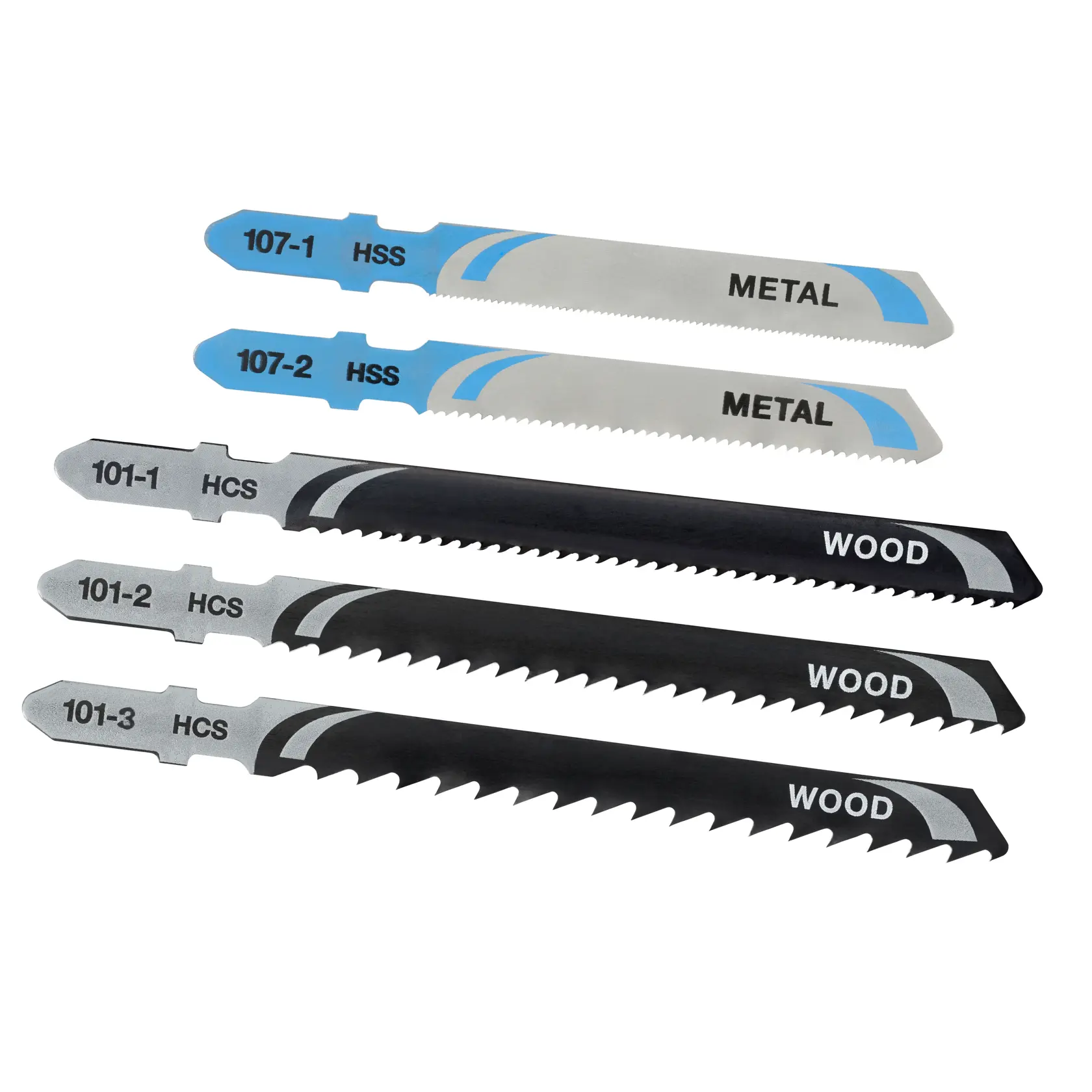 STANLEY STA27030 set di cinque lame per seghetto, taglio metallo e legno, vista frontale, sfondo bianco.