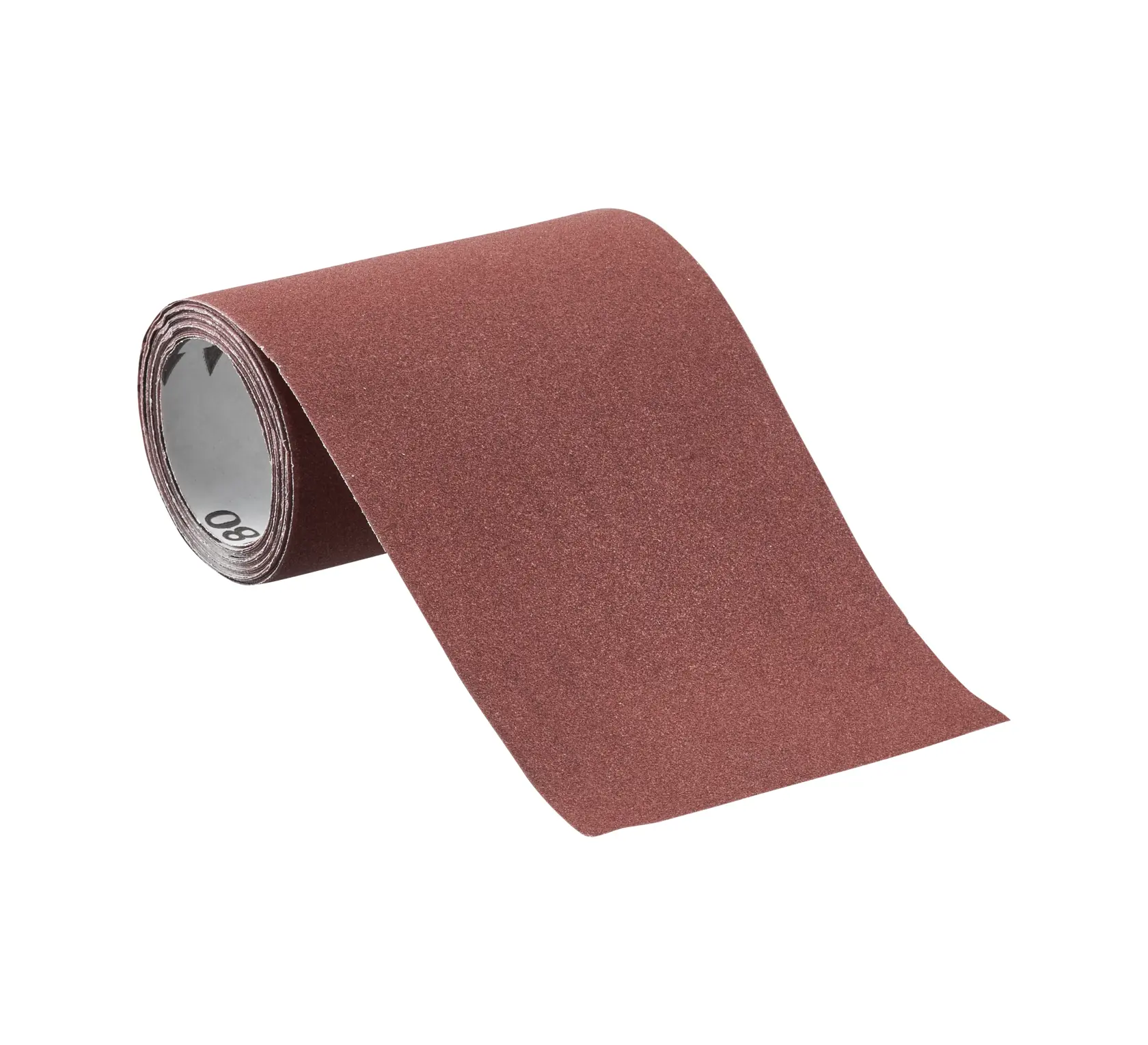 Rotolo di carta abrasiva marrone STANLEY STA31441 su sfondo bianco in vista angolata, grana visibile all'interno.