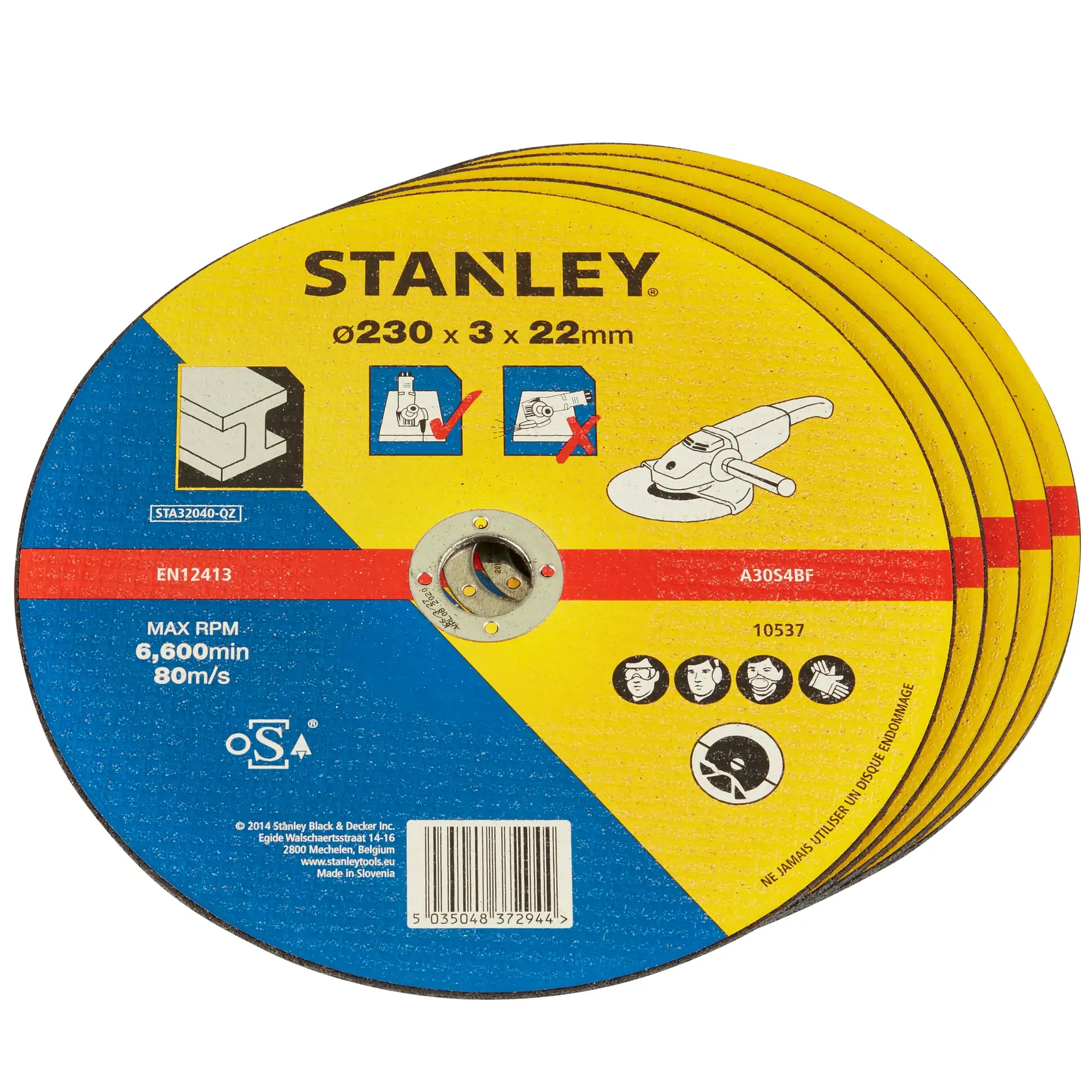 Foto di dischi abrasivi da taglio STANLEY STA32040, 230 x 3 x 22 mm, impilati, vista angolata, etichette visibili.