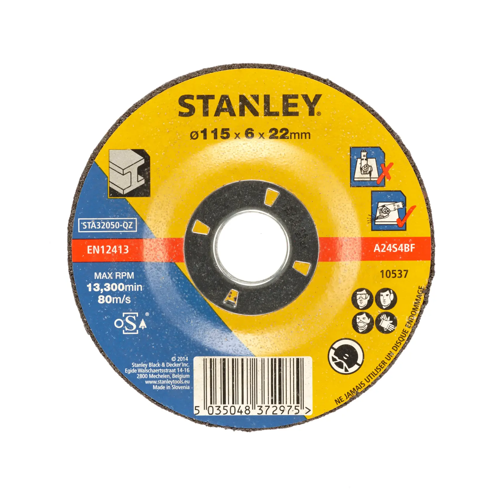 STANLEY STA32050 disco abrasivo, 115x6x22mm, giallo e blu, vista frontale, icone di sicurezza visibili.