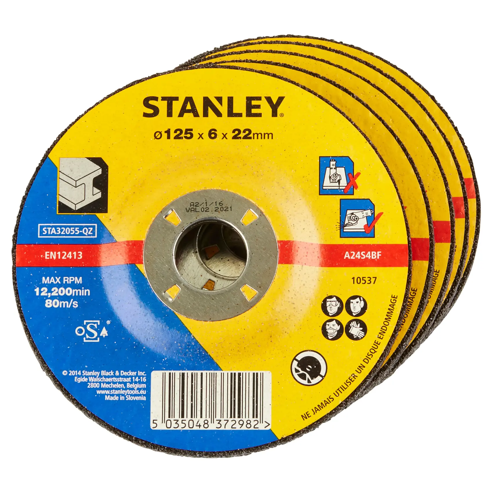 STANLEY STA32055 set di dischi da smerigliatura, gialli e blu, ruote abrasive tonde, foto prodotto su sfondo bianco.