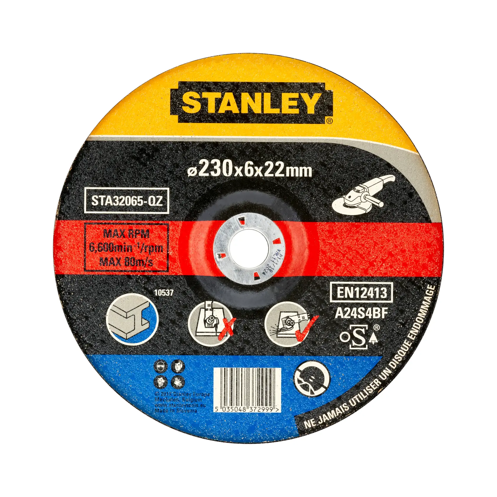 STANLEY STA32065 disco da smerigliatura, 230x6x22mm, vista frontale, design tricolore con marcature prodotto.