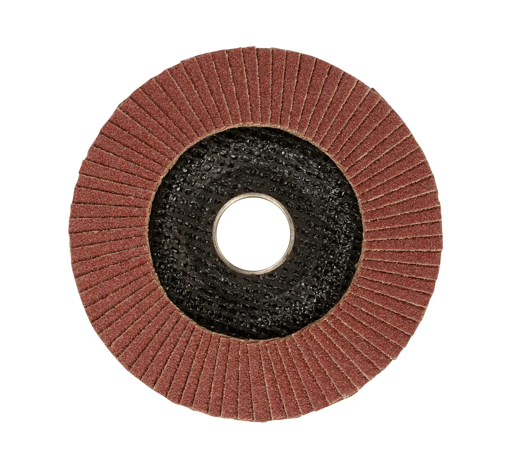 STANLEY STA32112 disco lamellare con alette abrasive rosse e centro nero rotondo, foto dall'alto su sfondo bianco.
