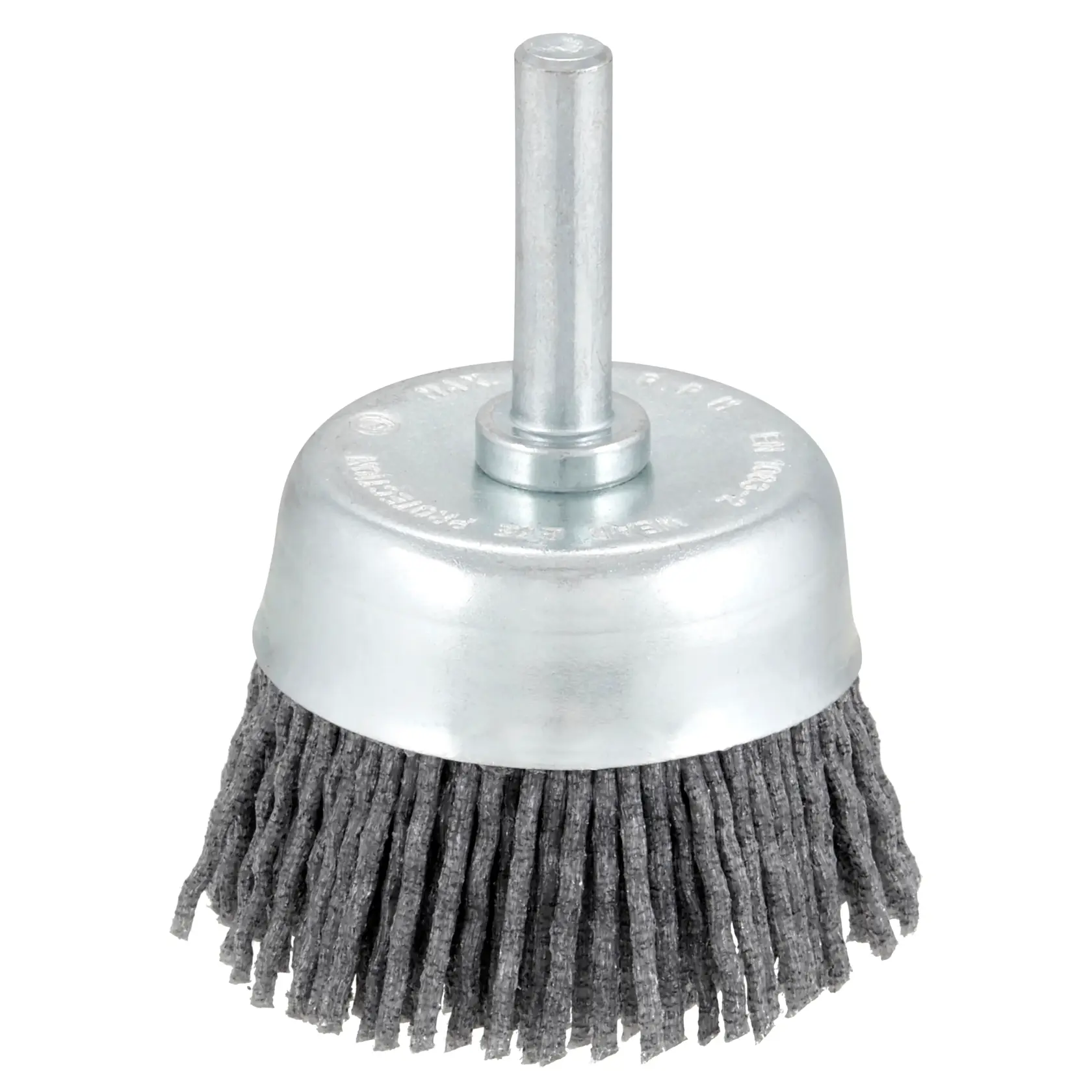 STANLEY STA32157 spazzola a tazza con gambo metallico e setole abrasive, foto prodotto su sfondo bianco.