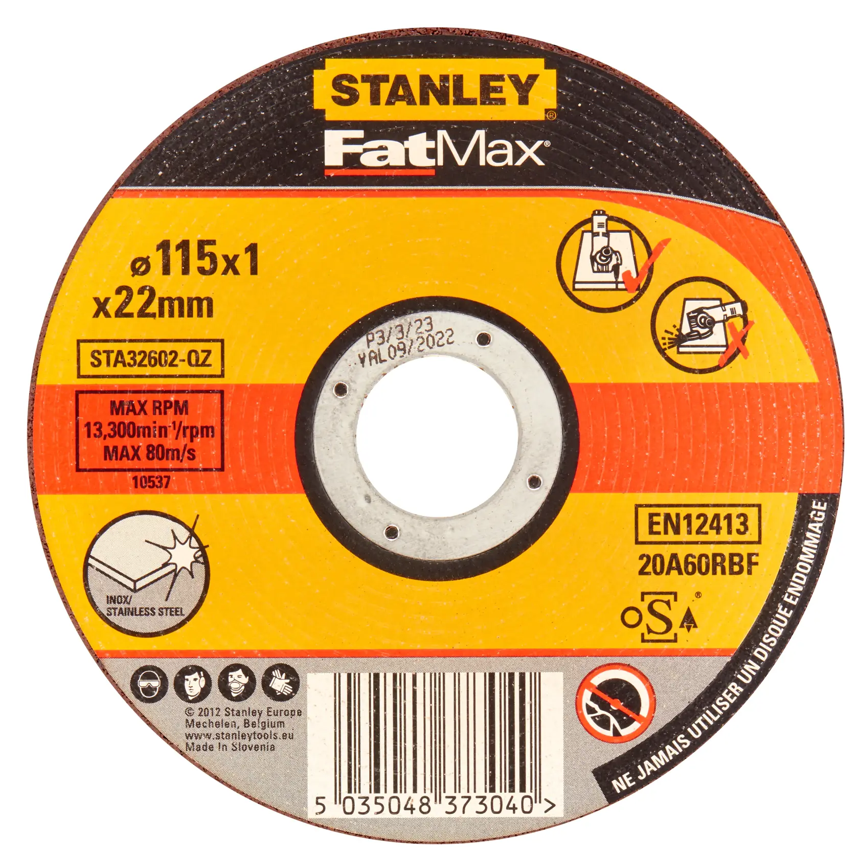 STANLEY STA32602 FatMax disco da taglio acciaio inox, 115x1x22mm, vista frontale su sfondo bianco.