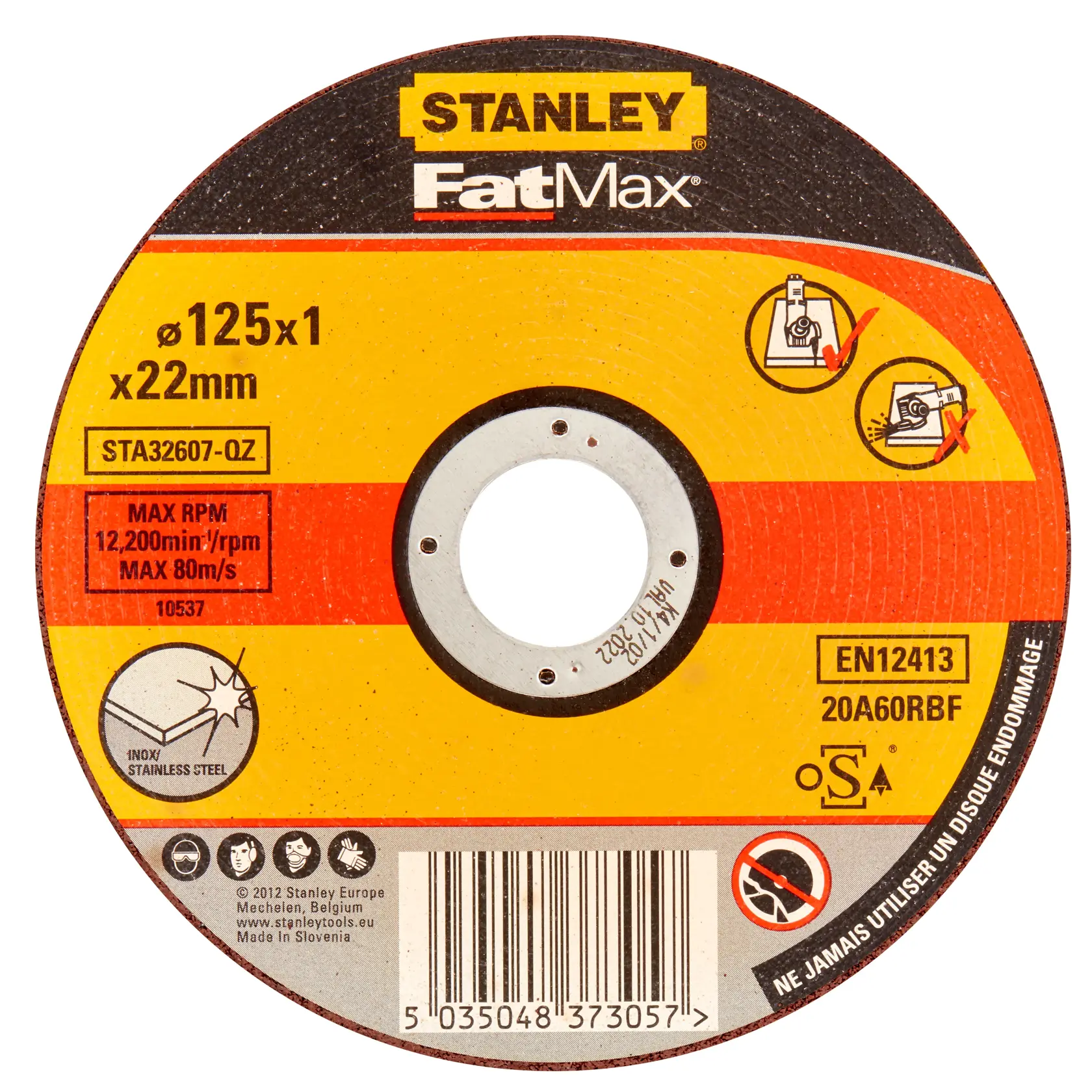 STANLEY STA32607 FatMax disco da taglio per acciaio inox, 125x1x22mm, vista frontale, design giallo e nero.