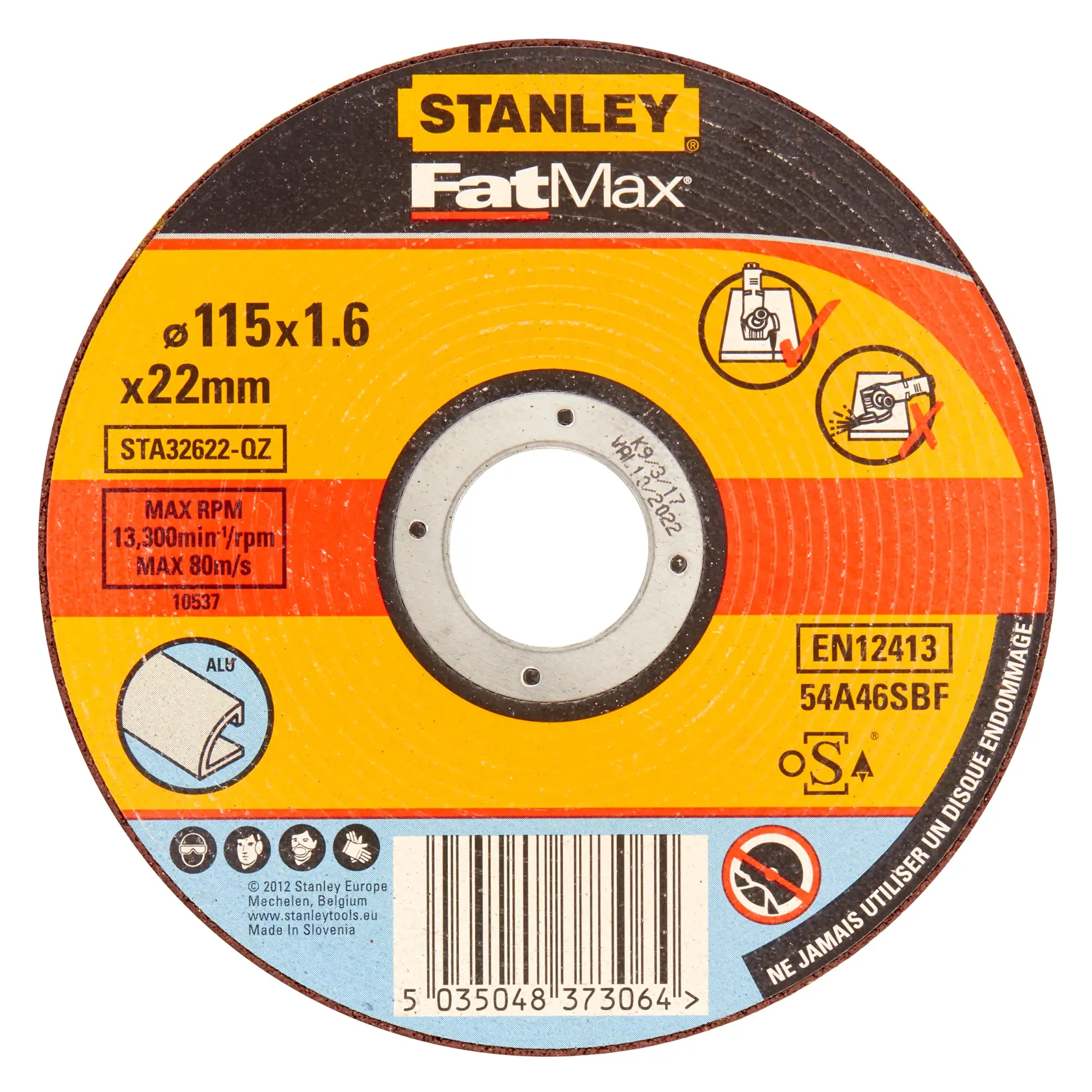 STANLEY STA32622 FatMax disco da taglio per alluminio, 115x1.6x22mm, vista frontale su sfondo bianco.