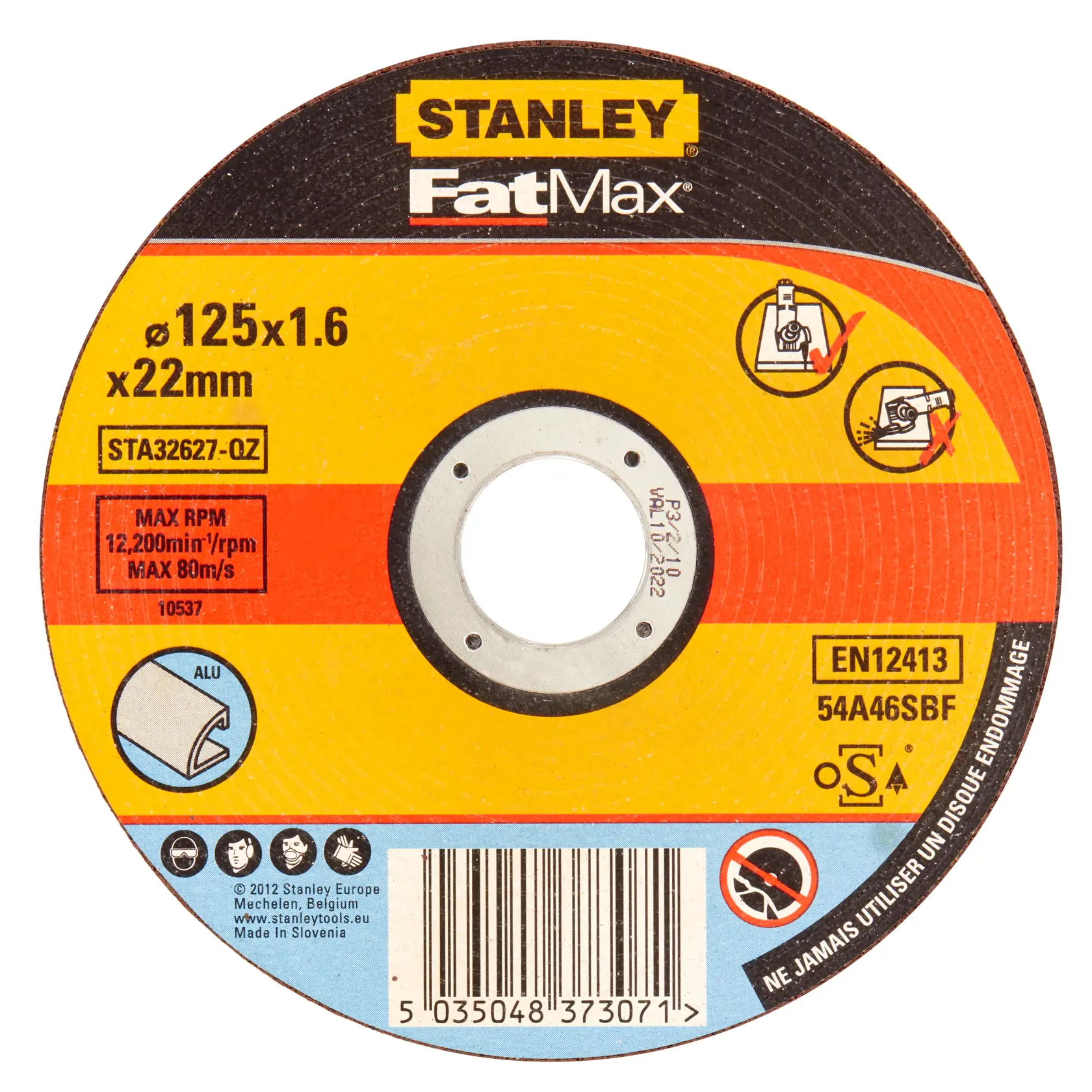 Foto del disco da taglio STANLEY STA32627 FatMax, 125x1.6x22mm, etichetta gialla rotonda, vista frontale prodotto.