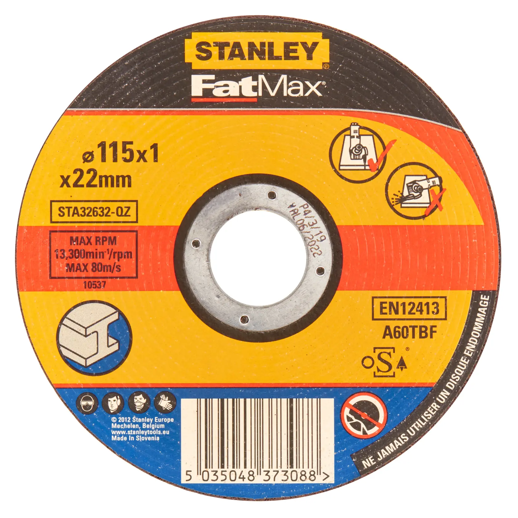 STANLEY STA32632 FatMax disco da taglio, 115x1x22mm, vista frontale, etichetta nera, gialla, rossa e blu.