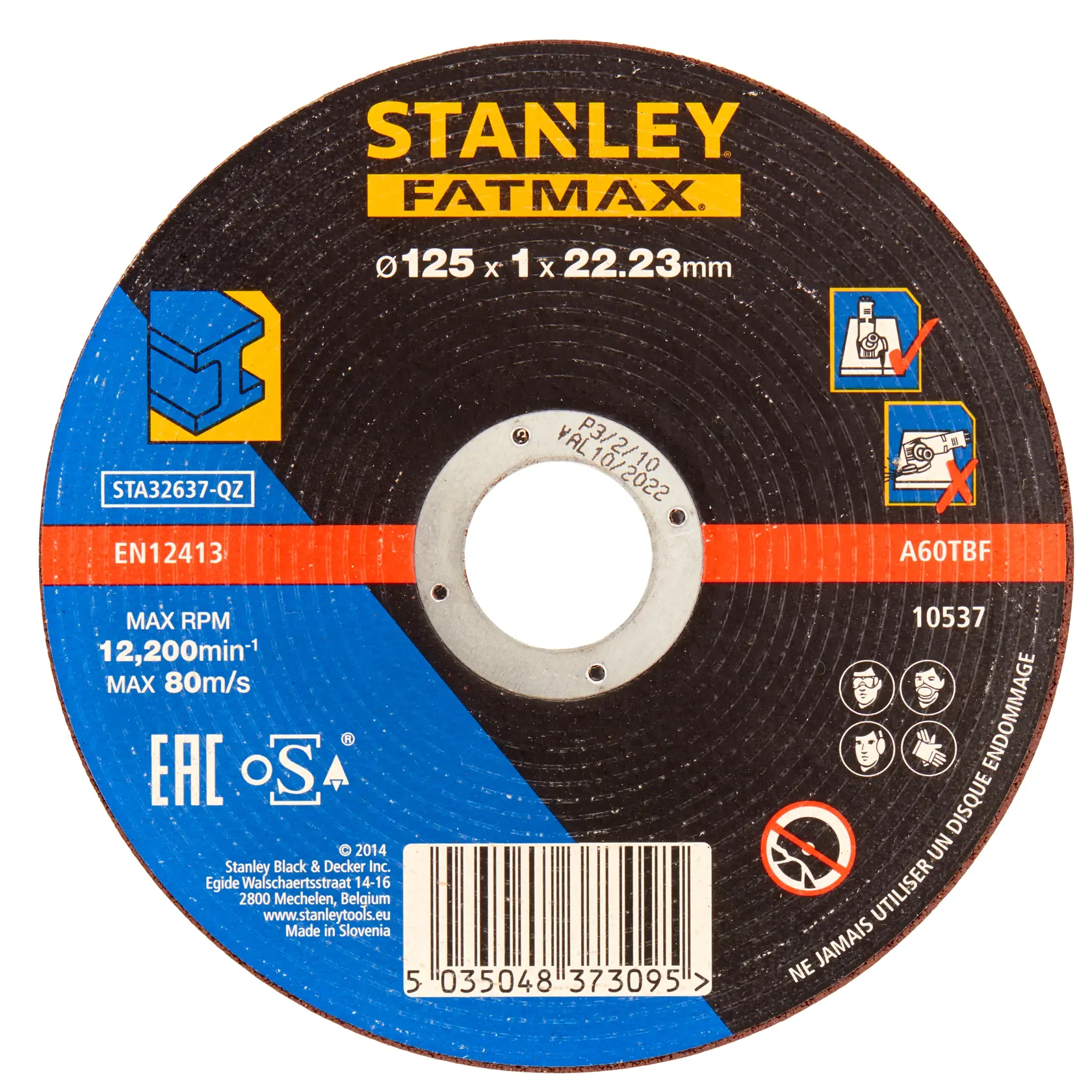STANLEY STA32637 disco da taglio, 125 x 1 x 22,23 mm, disco tondo nero con etichette gialle e blu, vista frontale su sfondo bianco.