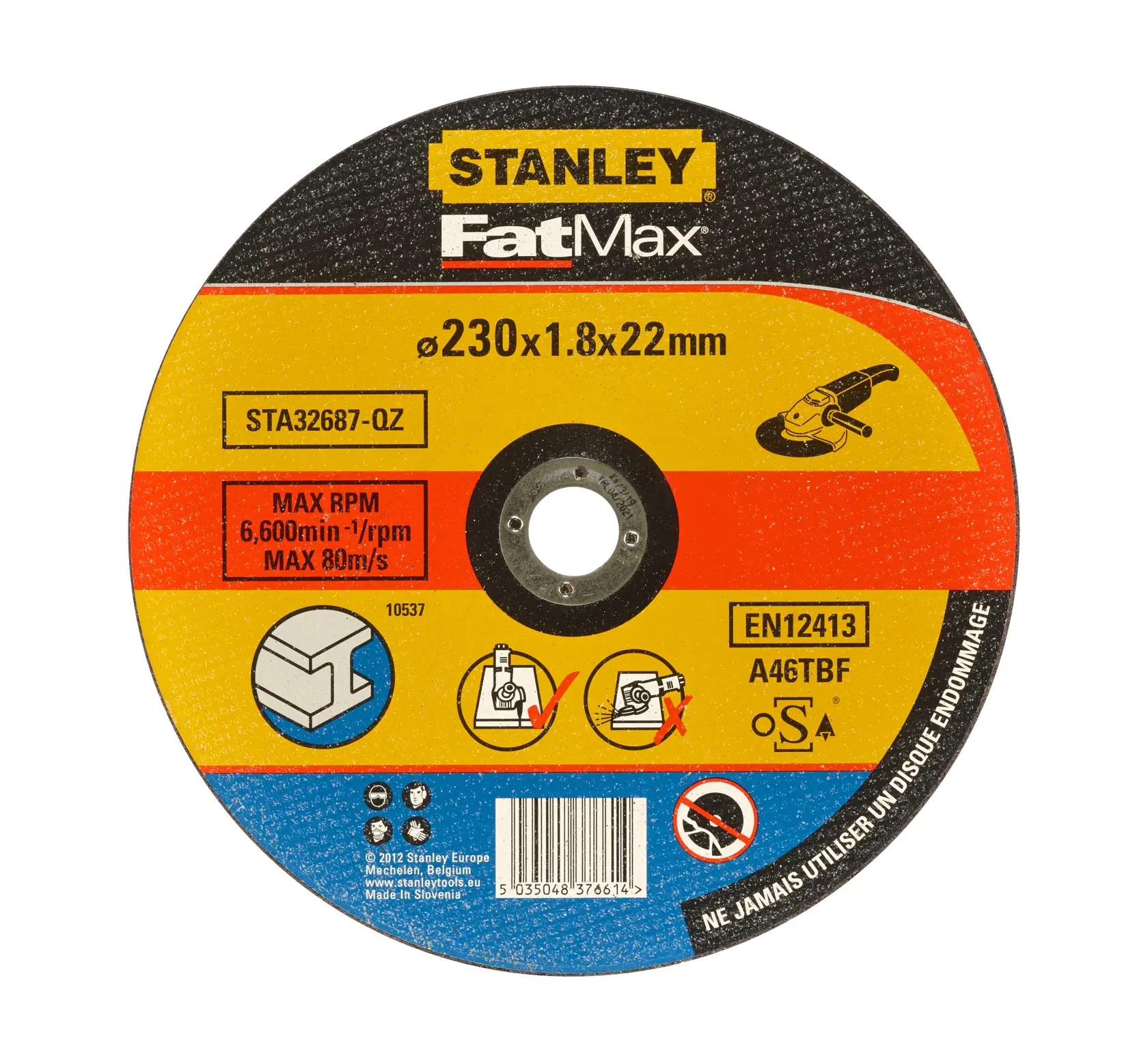 STANLEY STA32687 disco da taglio, marchio FatMax, 230x1.8x22mm, vista frontale su sfondo bianco.