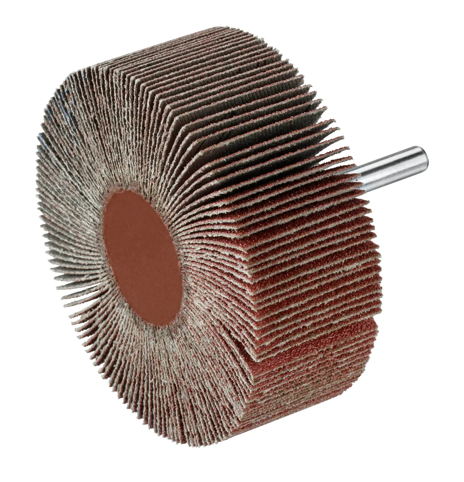 STANLEY STA34051 ruota lamellare con alette abrasive marroni e gambo metallico, angolo laterale su sfondo bianco.