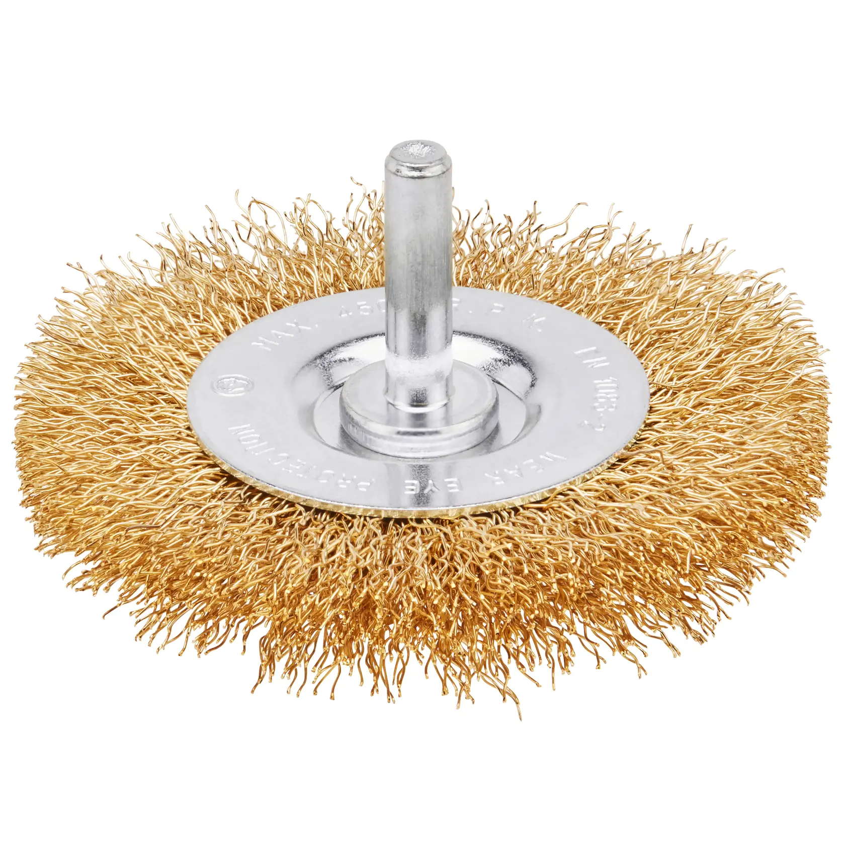 STANLEY STA36007 spazzola a ruota in filo di ottone, vista laterale, gambo metallico, per trapani, fotografia su sfondo bianco.