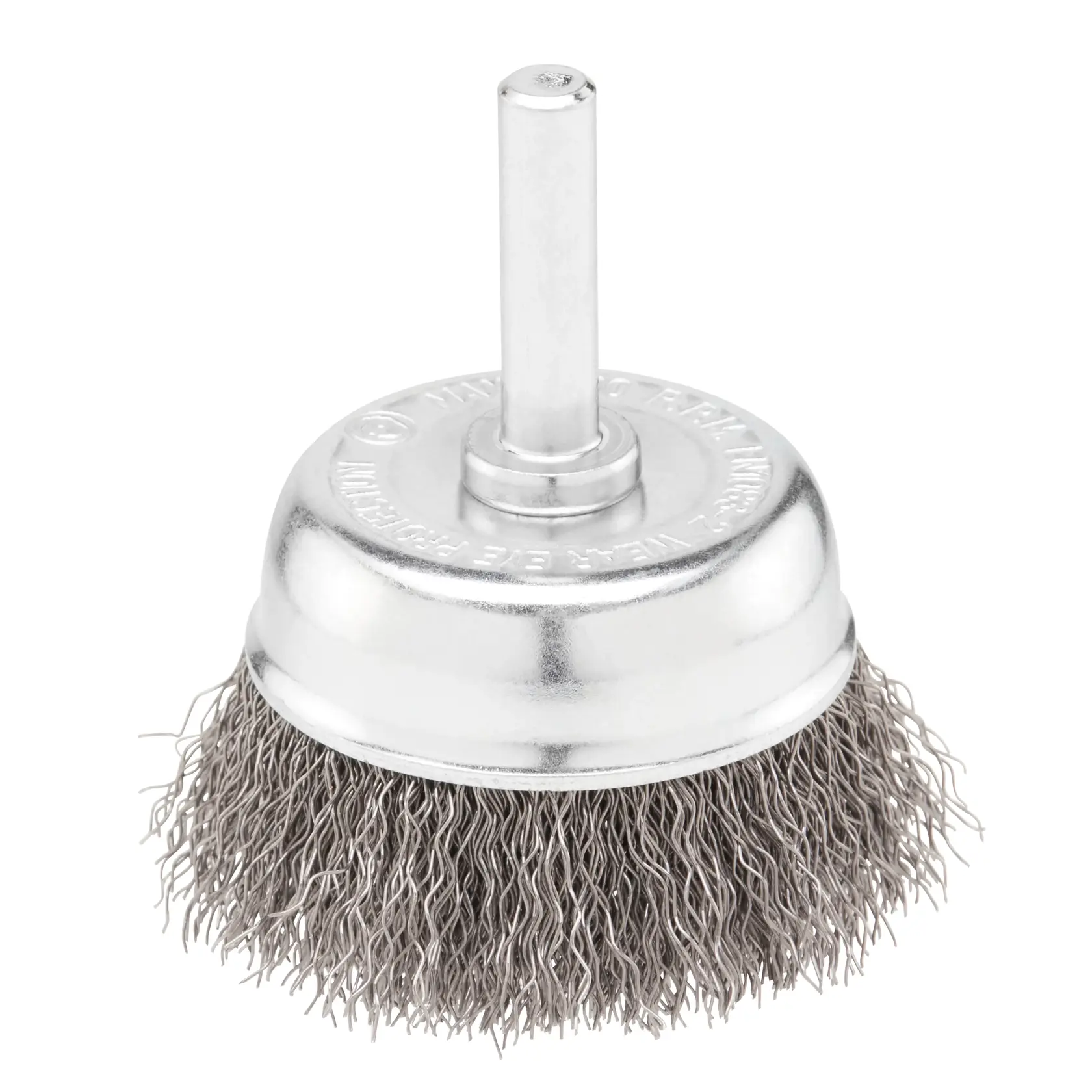 Spazzola a tazza in acciaio STANLEY STA36030, vista frontale, finitura argento, per utensili elettrici.