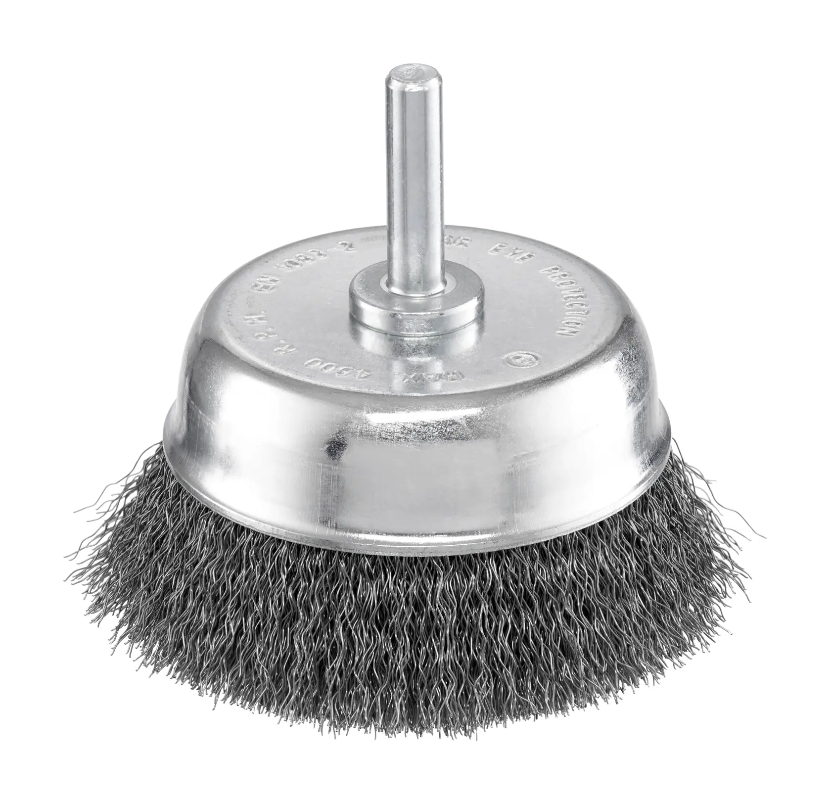 STANLEY STA36035 spazzola a tazza metallica, argento e nero, angolo frontale, sfondo bianco.