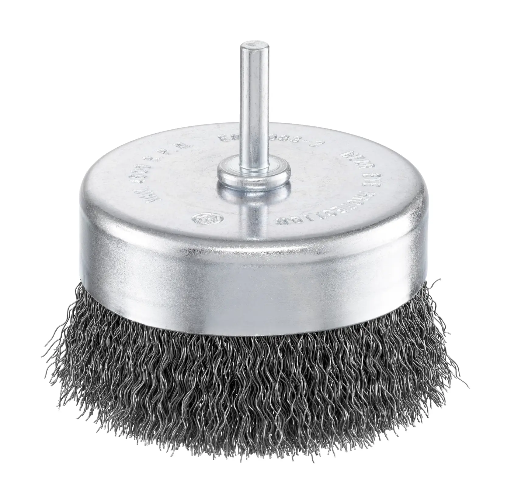 STANLEY STA36050 spazzola a tazza metallica, vista frontale su sfondo bianco, parte superiore argentata, setole in filo intrecciato.