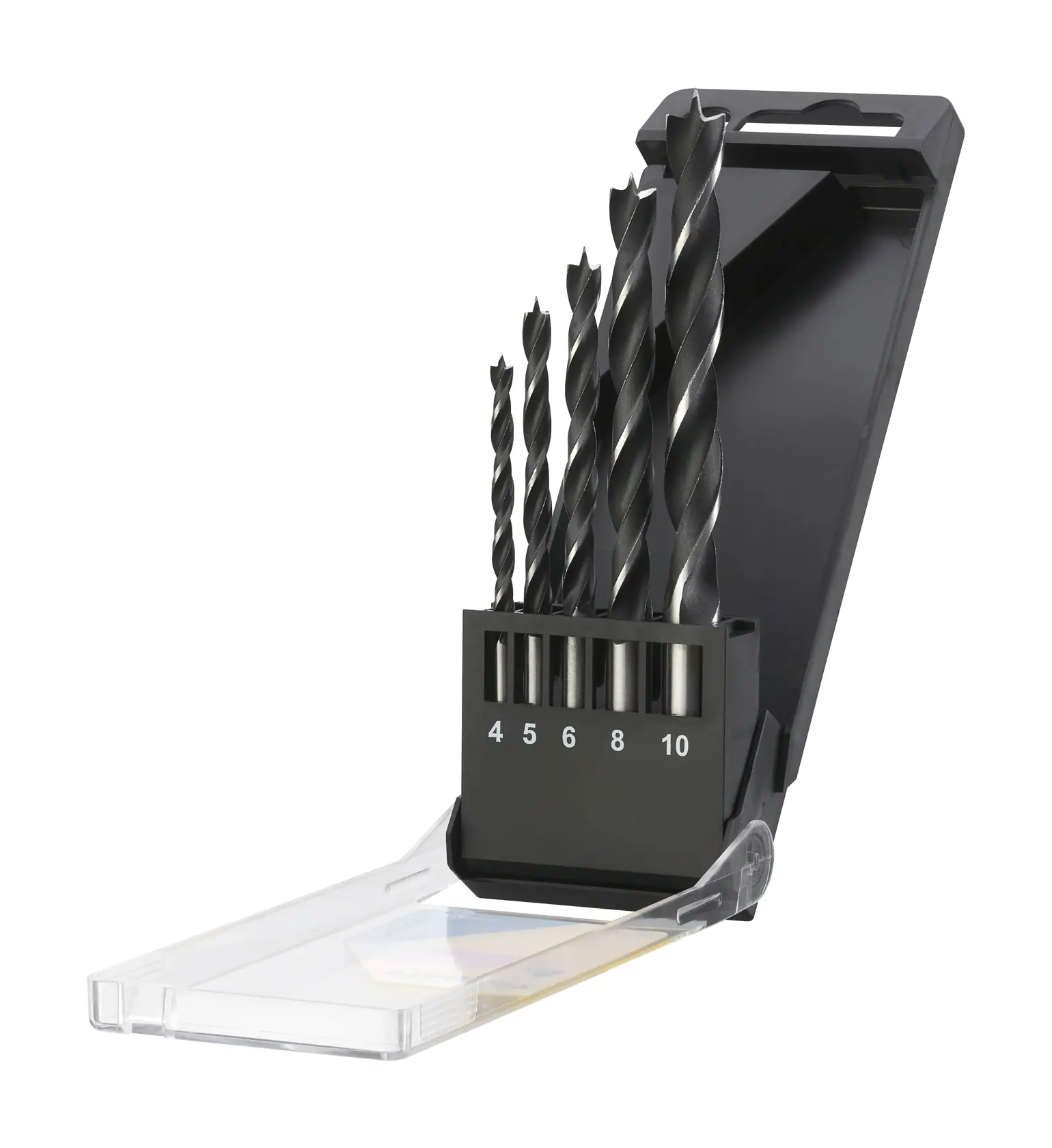 STANLEY STA56001 set di punte da trapano con cinque punte nere in custodia nera numerata, vista frontale su sfondo bianco.