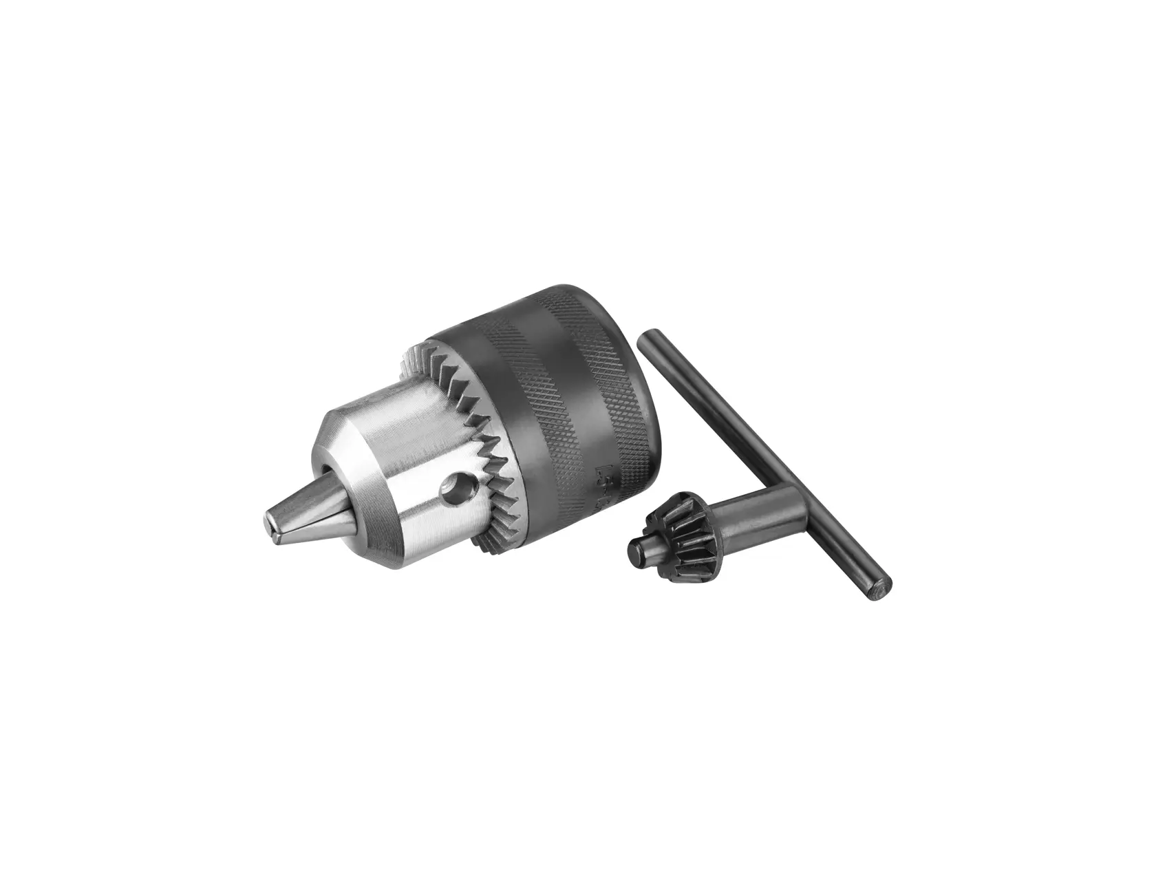 STANLEY STA66321 mandrino e chiave, set di utensili in metallo, angolo frontale, sfondo bianco.