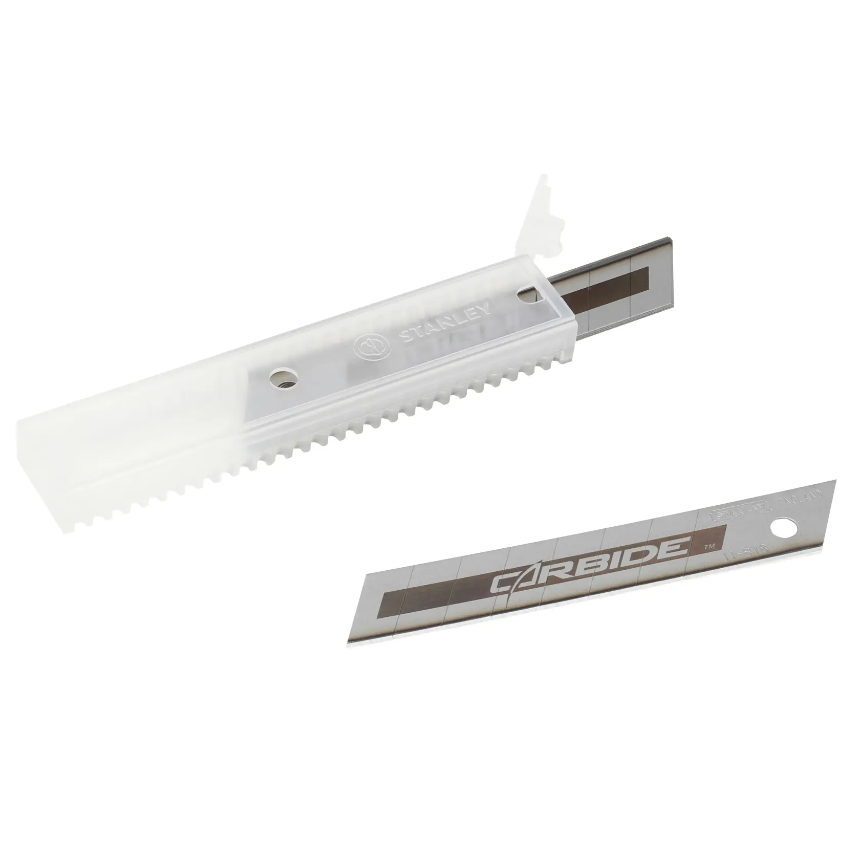 STANLEY STHT0-11818 lame per taglierino in custodia plastica trasparente, marchio Carbide, foto prodotto, vista angolata.