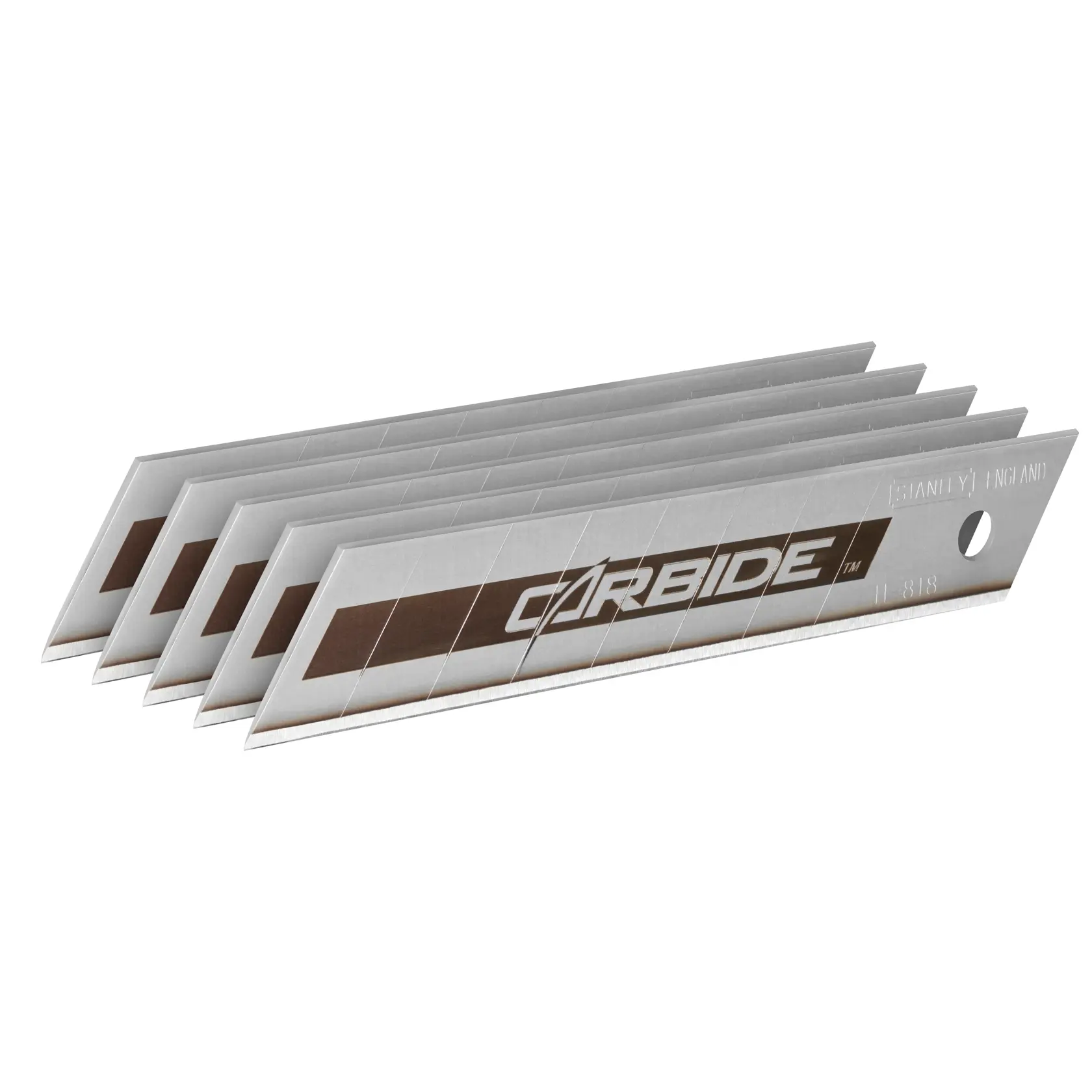 Lame a spezzare per taglierino STANLEY STHT0-11818, argento con striscia marrone, vista angolata impilata.