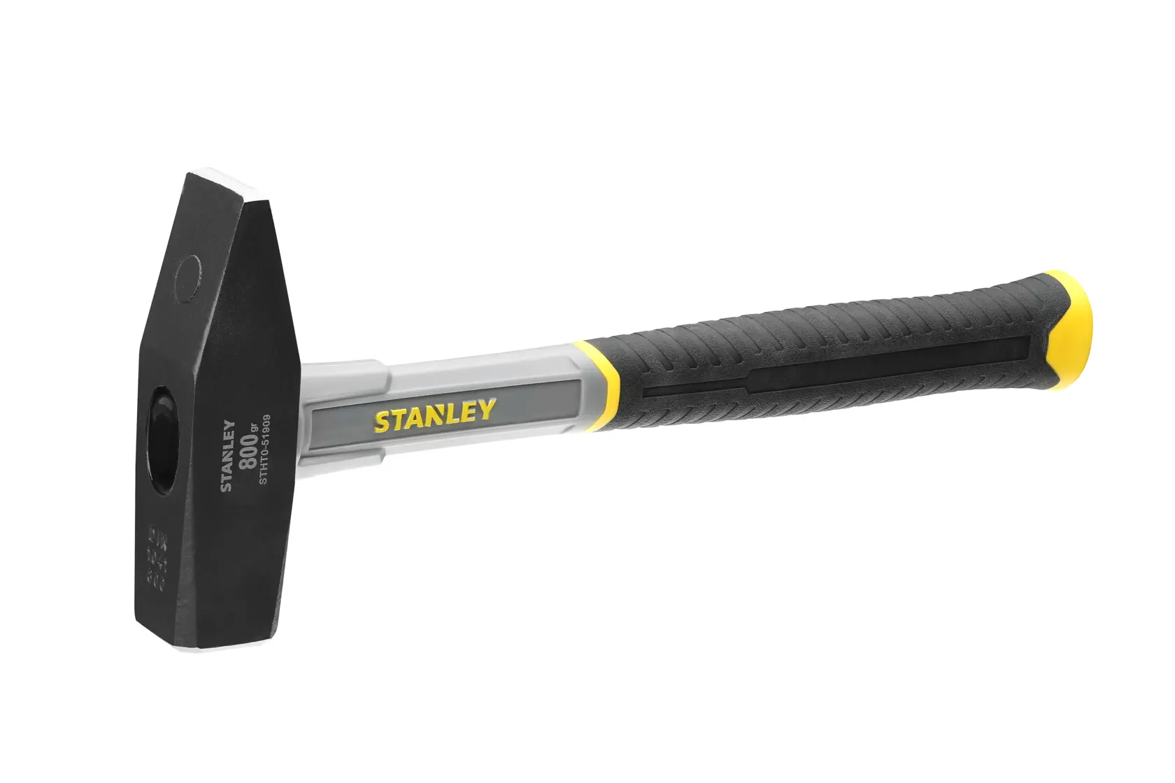 Foto del mazzuolo STANLEY STHT0-51909 con manico nero e giallo, inquadrato in angolo su sfondo bianco.