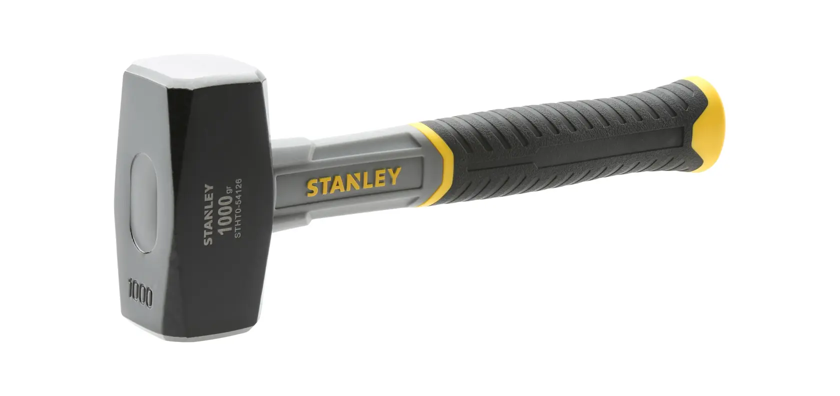 STANLEY STHT0-54126 mazzetta, impugnatura nera e gialla, testa in acciaio, angolo sinistro su sfondo bianco.