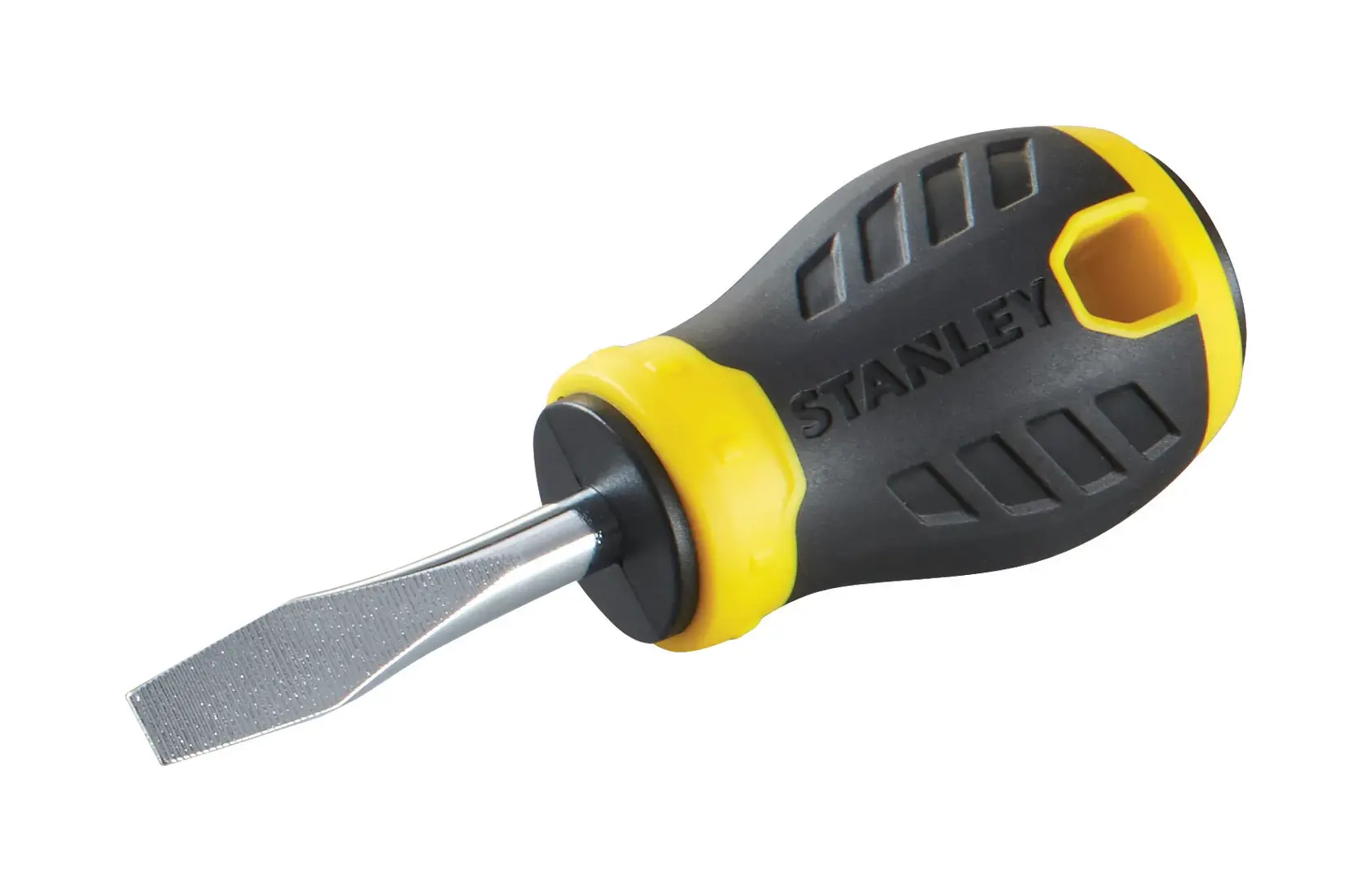 STANLEY STHT0-60401 cacciavite a taglio corto, manico nero e giallo, foto da angolo frontale.