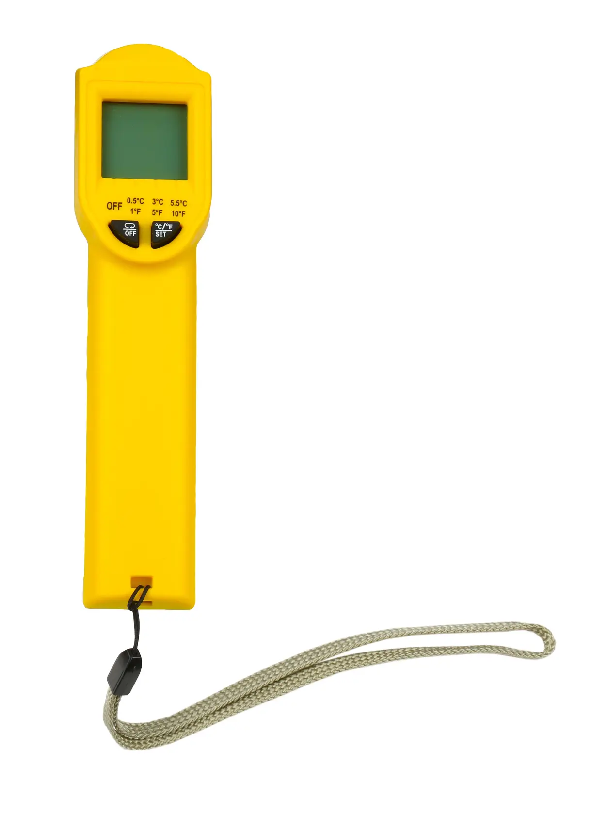 STANLEY STHT0-77365 termometro elettronico giallo con schermo LCD, pulsanti e cinturino, vista frontale.