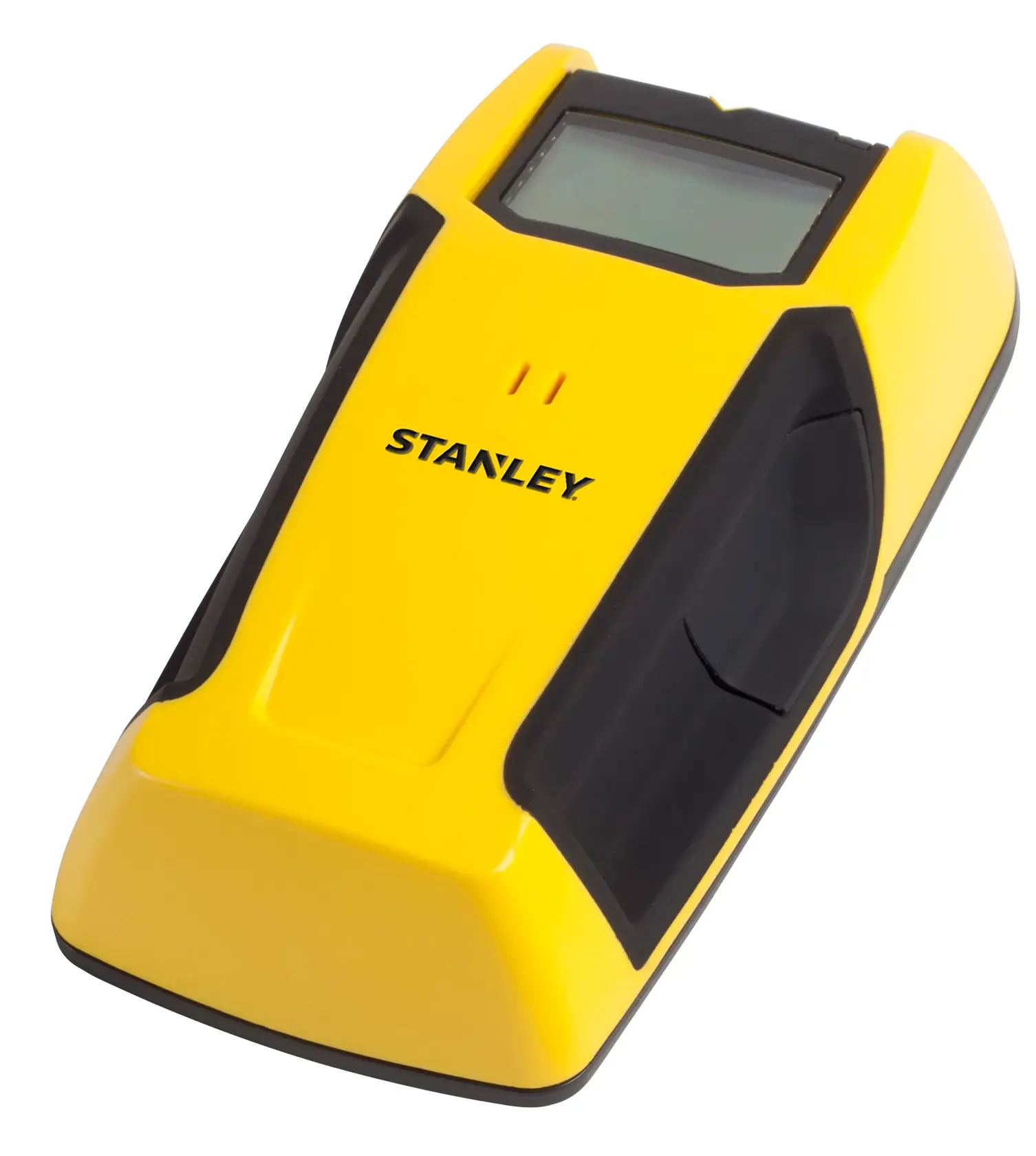 Rilevatore elettronico di montanti STANLEY STHT0-77406, giallo e nero, vista angolata su sfondo bianco.