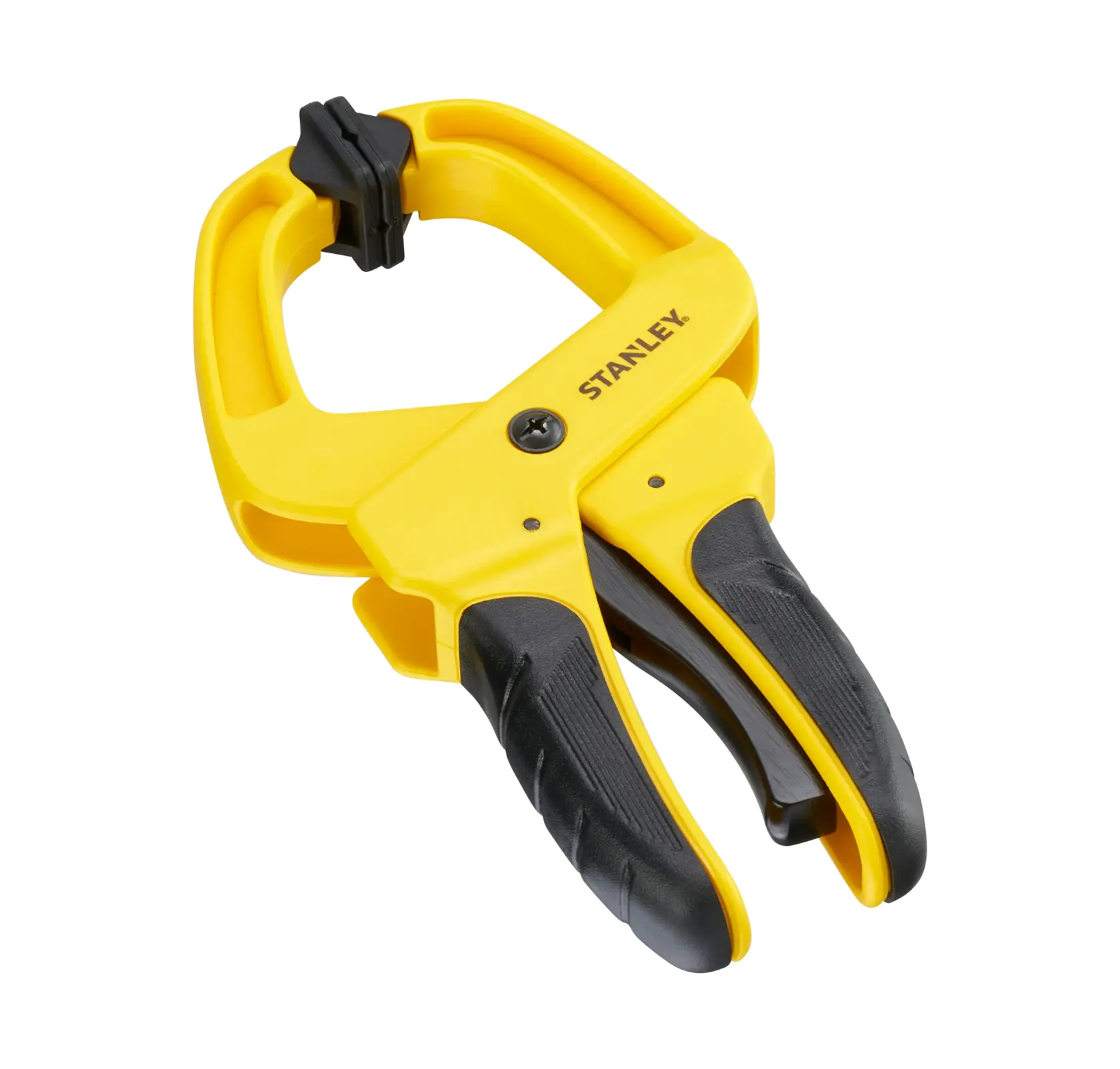 STANLEY STHT0-83199 morsetto a molla giallo e nero, vista frontale, con impugnatura ergonomica, su sfondo bianco.