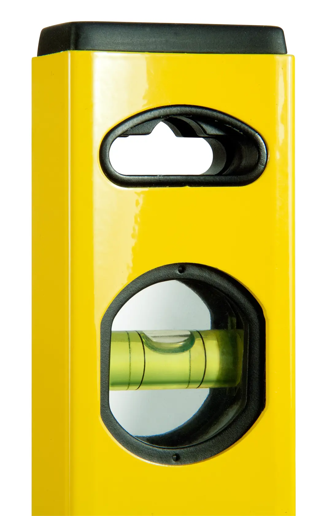 Foto del livello a bolla giallo STANLEY STHT1-43103 in primo piano, con fiala orizzontale e maniglia, vista frontale.