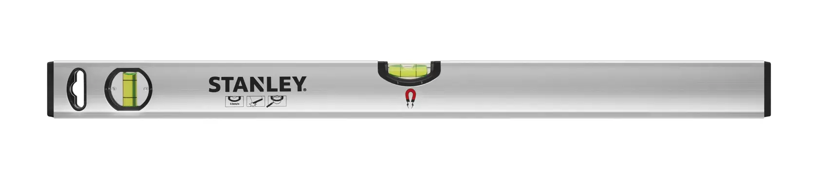 STANLEY STHT1-43111 livella a bolla argento, angolo frontale, con fiale integrate e terminali neri.