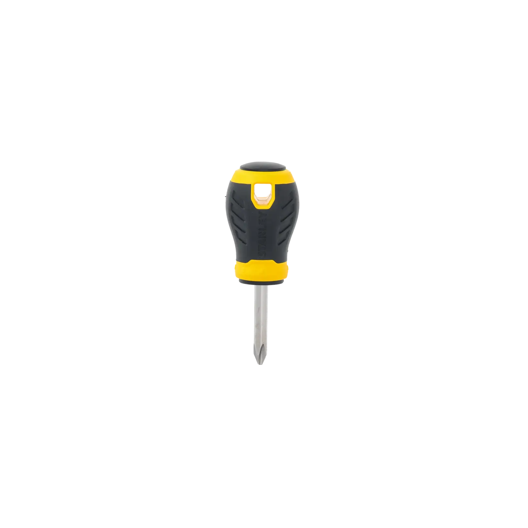 STANLEY STHT1-60329 cacciavite a croce corto con manico nero e giallo, vista frontale, su sfondo bianco.