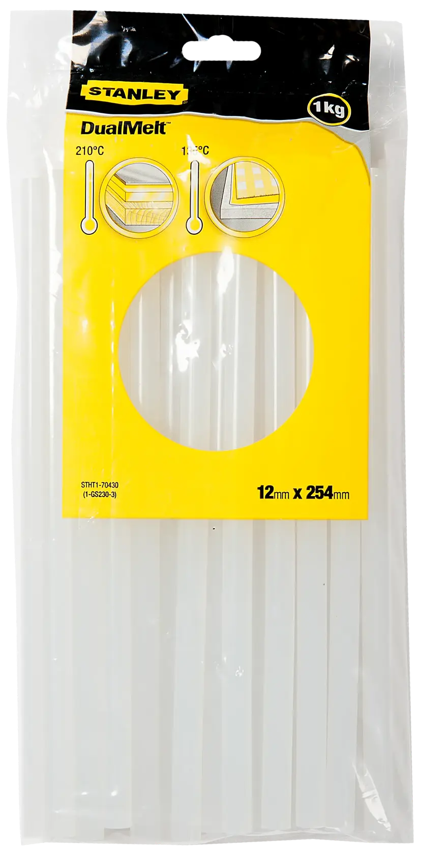 STANLEY STHT1-70430 confezione di stick di colla, trasparente, DualMelt, 12mm x 254mm, vista frontale su sfondo bianco.