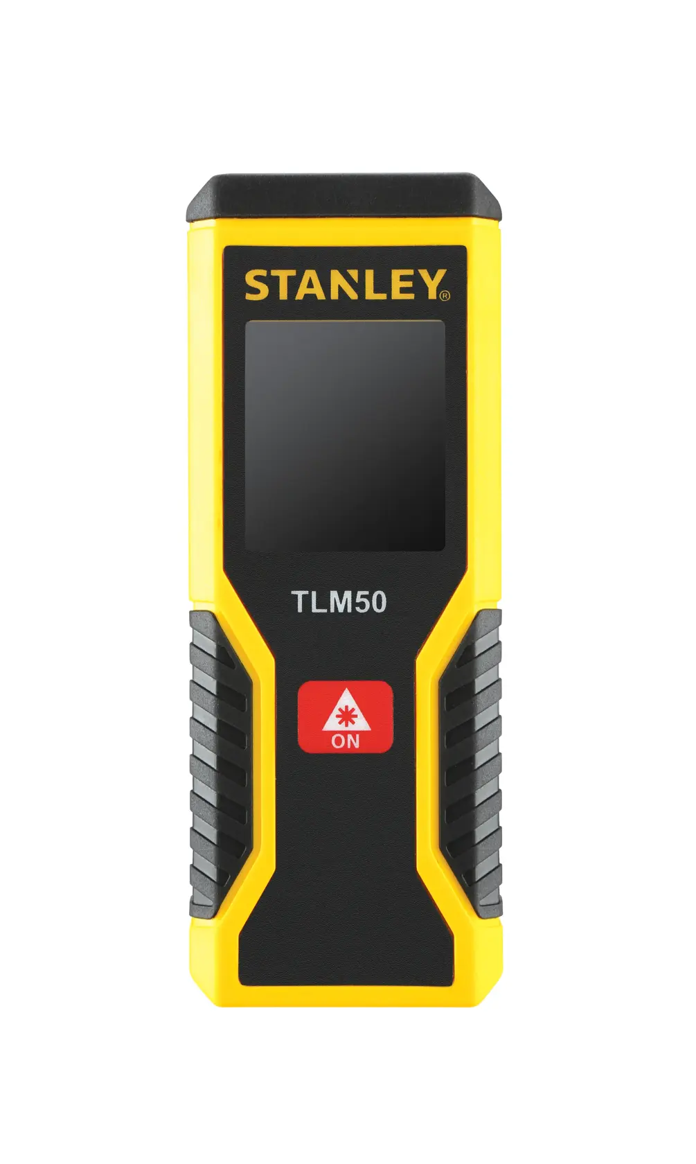 STANLEY STHT1-77409 misuratore laser di distanza, giallo e nero, vista frontale su sfondo bianco.