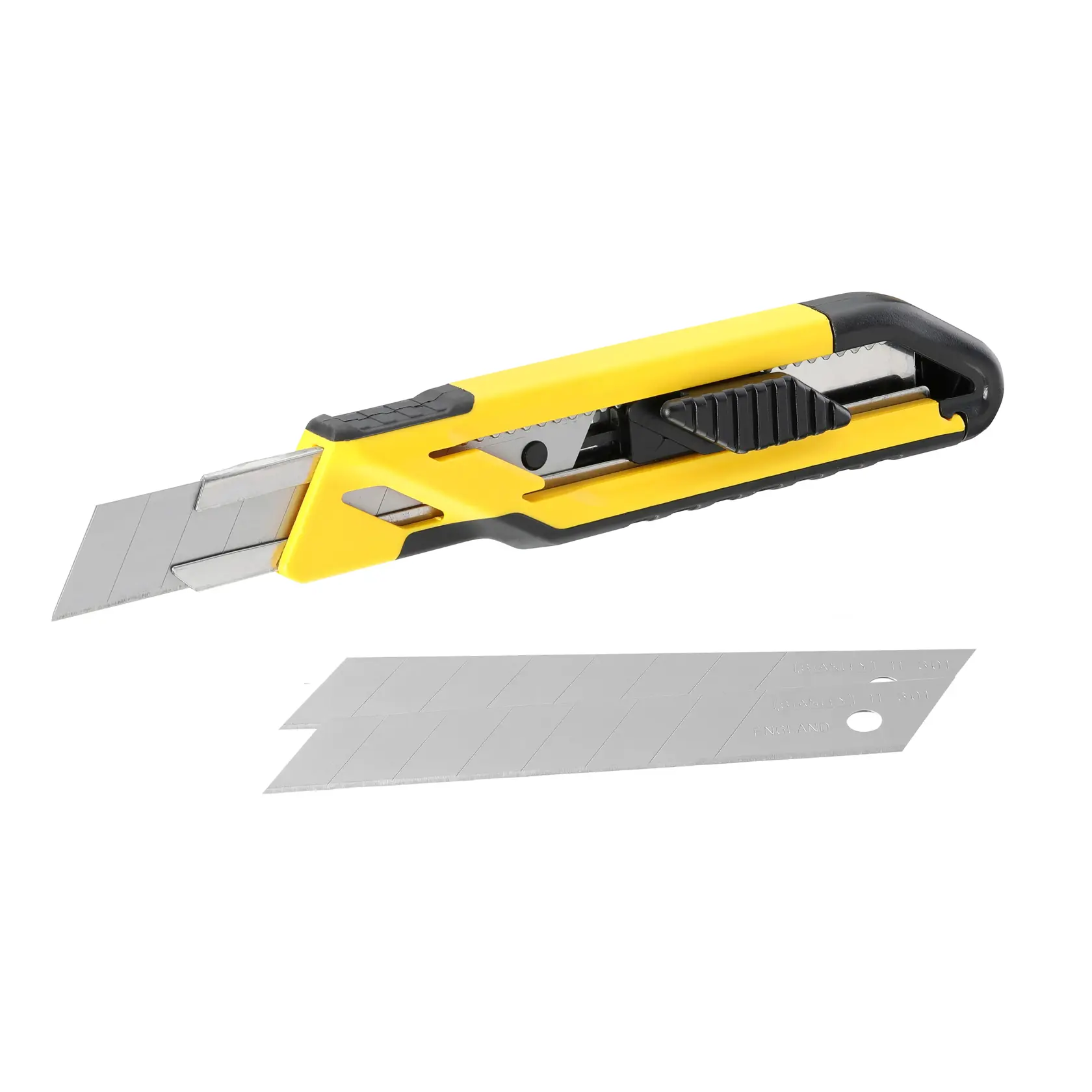 Coltello STANLEY STHT10266-0 con lama segmentata, giallo e nero, vista laterale con lame di ricambio.