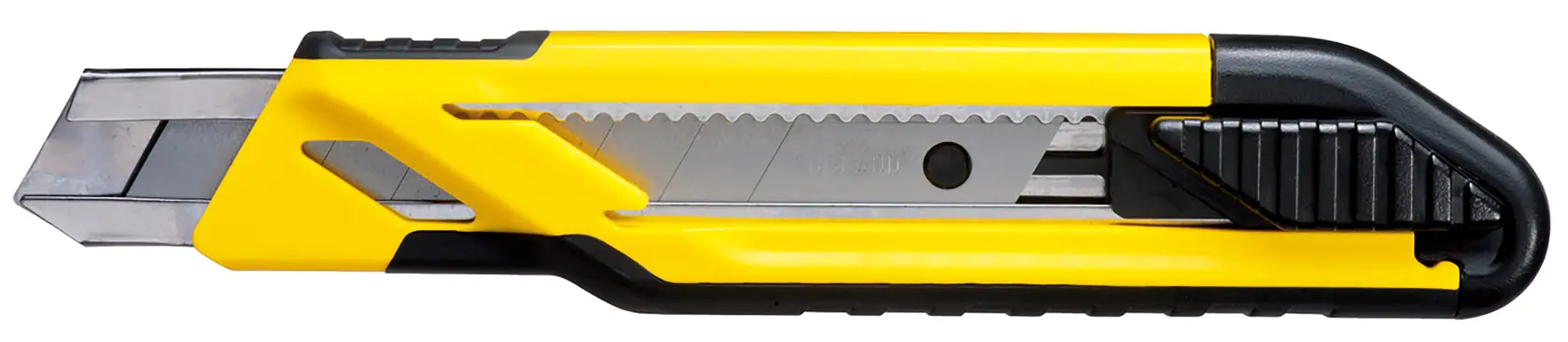 Coltello retrattile STANLEY STHT10266-0 giallo e nero visto di lato su sfondo bianco.