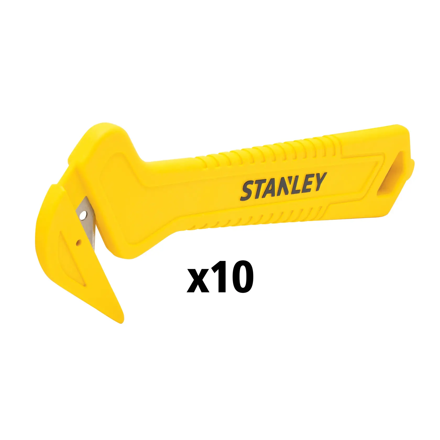 STANLEY STHT10355-1 coltello di sicurezza giallo vista laterale, confezione da dieci su sfondo bianco.