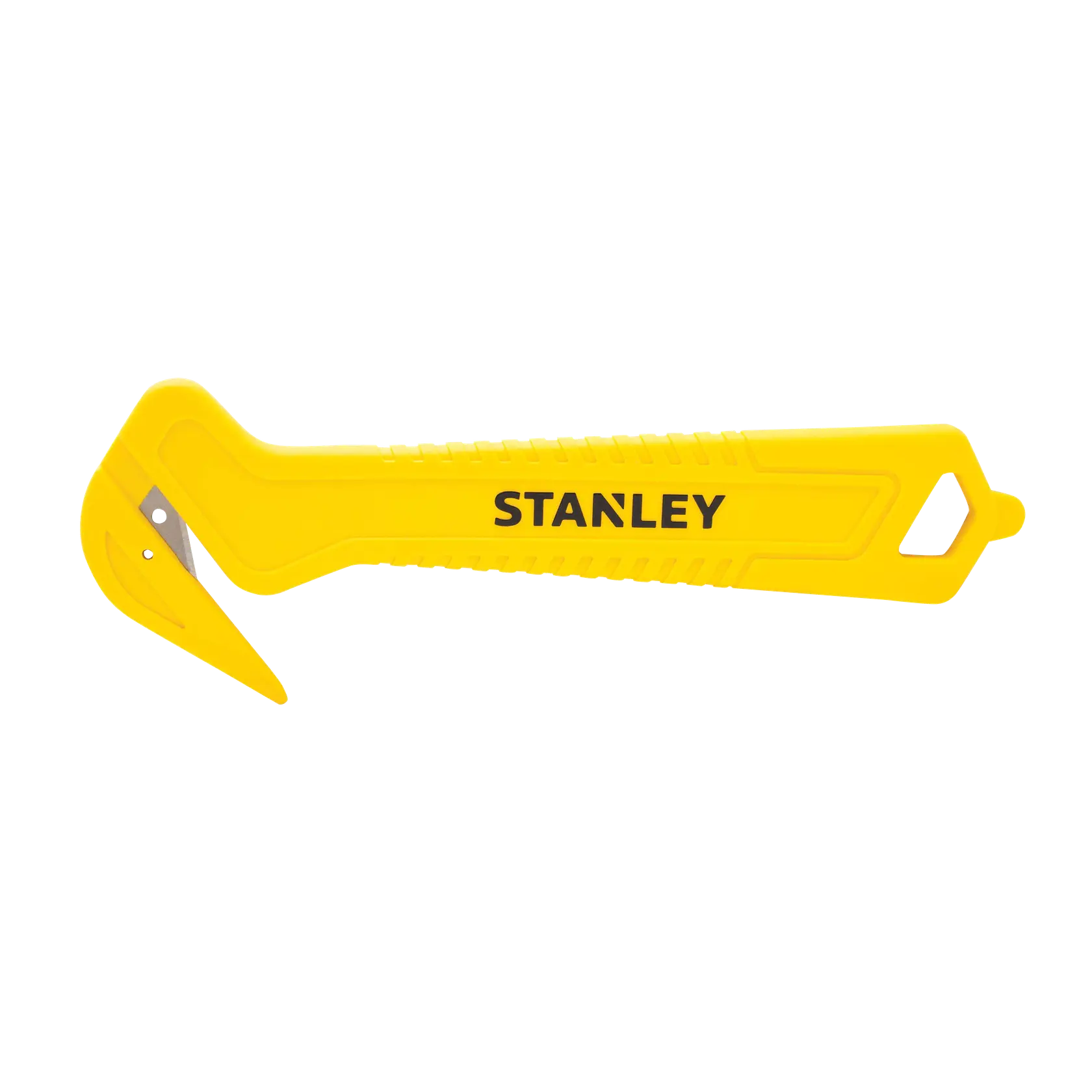 Foto del taglierino di sicurezza giallo STANLEY STHT10355-1 con lama a uncino, vista laterale su sfondo bianco.