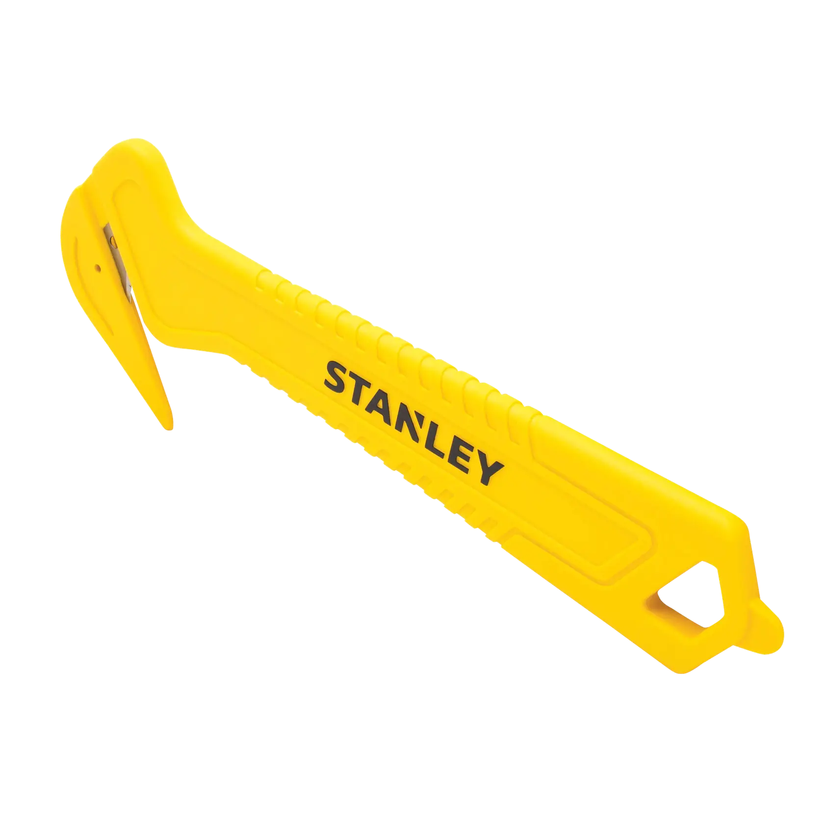 Foto del taglierino di sicurezza giallo STANLEY STHT10355-1, vista angolata su sfondo bianco.
