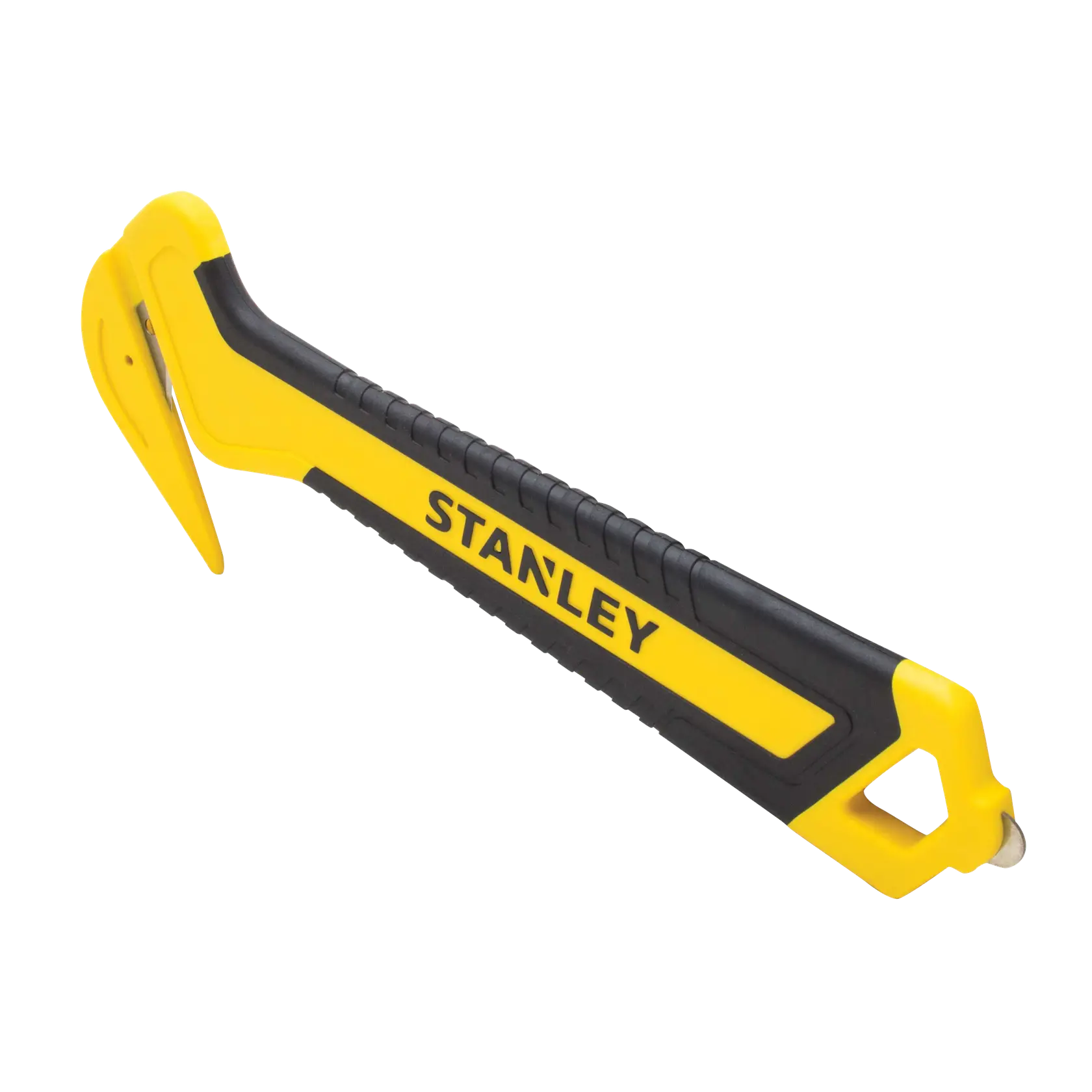 Taglierino di sicurezza STANLEY STHT10356-0 con manico giallo e nero, vista laterale, sfondo bianco.