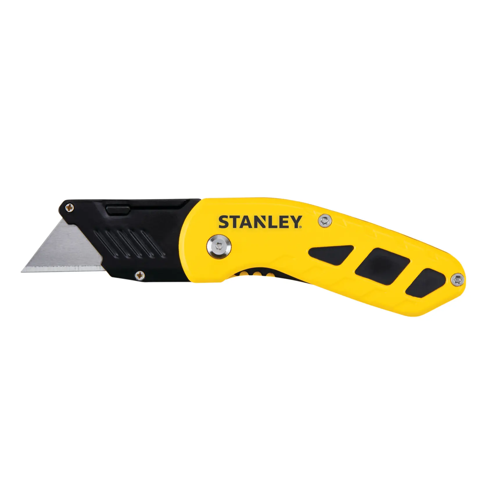 STANLEY STHT10424-0 coltello multiuso pieghevole, manico giallo e nero, vista laterale su sfondo bianco.