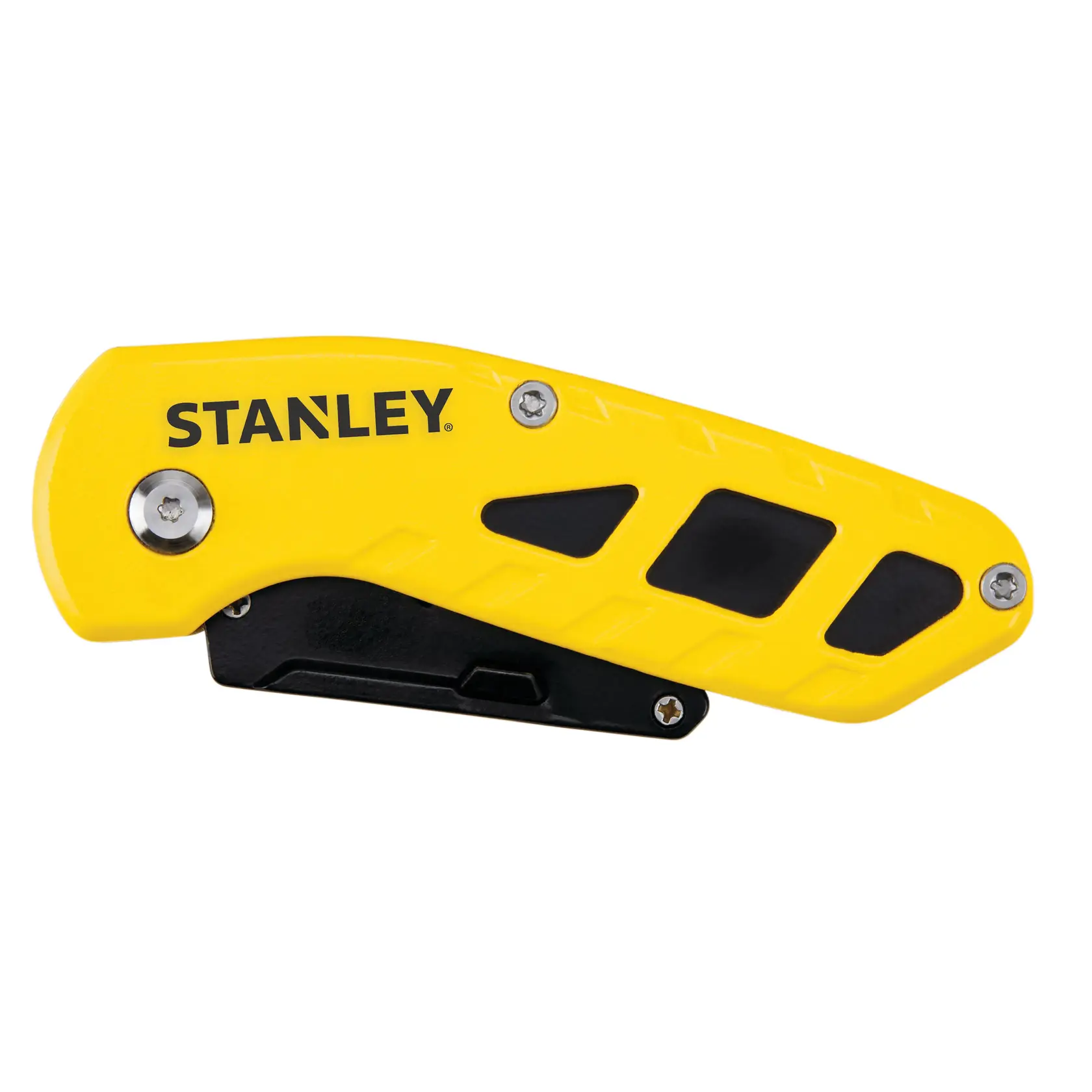 STANLEY STHT10424-0 coltello pieghevole da lavoro con manico giallo e nero, vista laterale sinistra, su sfondo bianco.