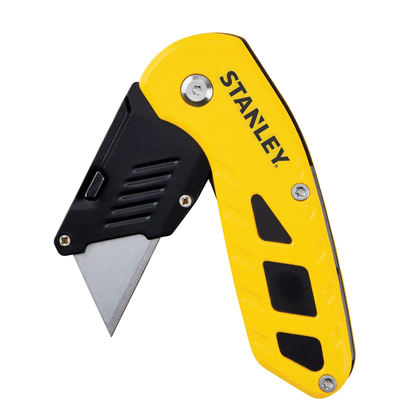 Coltello universale pieghevole STANLEY STHT10424-0 con manico giallo e nero, angolazione destra su sfondo bianco.