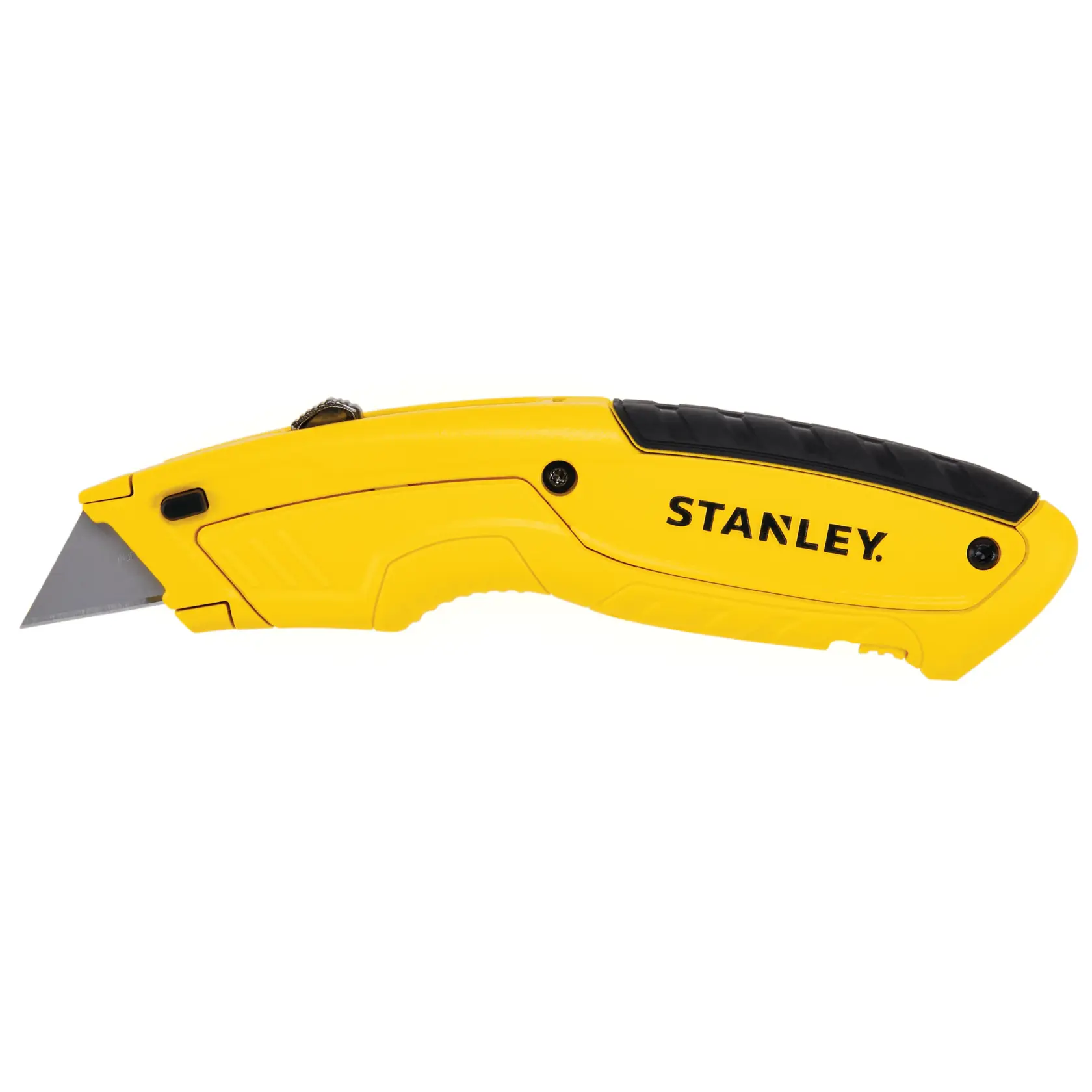 Taglierino STANLEY STHT10430-0, giallo e nero, vista laterale su sfondo bianco, manico ergonomico.