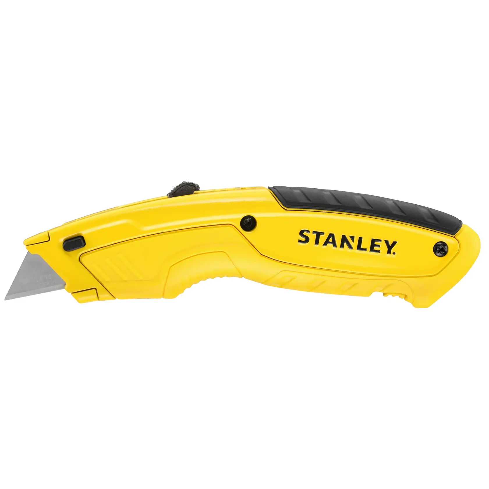 STANLEY STHT10430-0 coltello universale giallo con impugnatura nera, vista laterale sinistra su sfondo bianco.